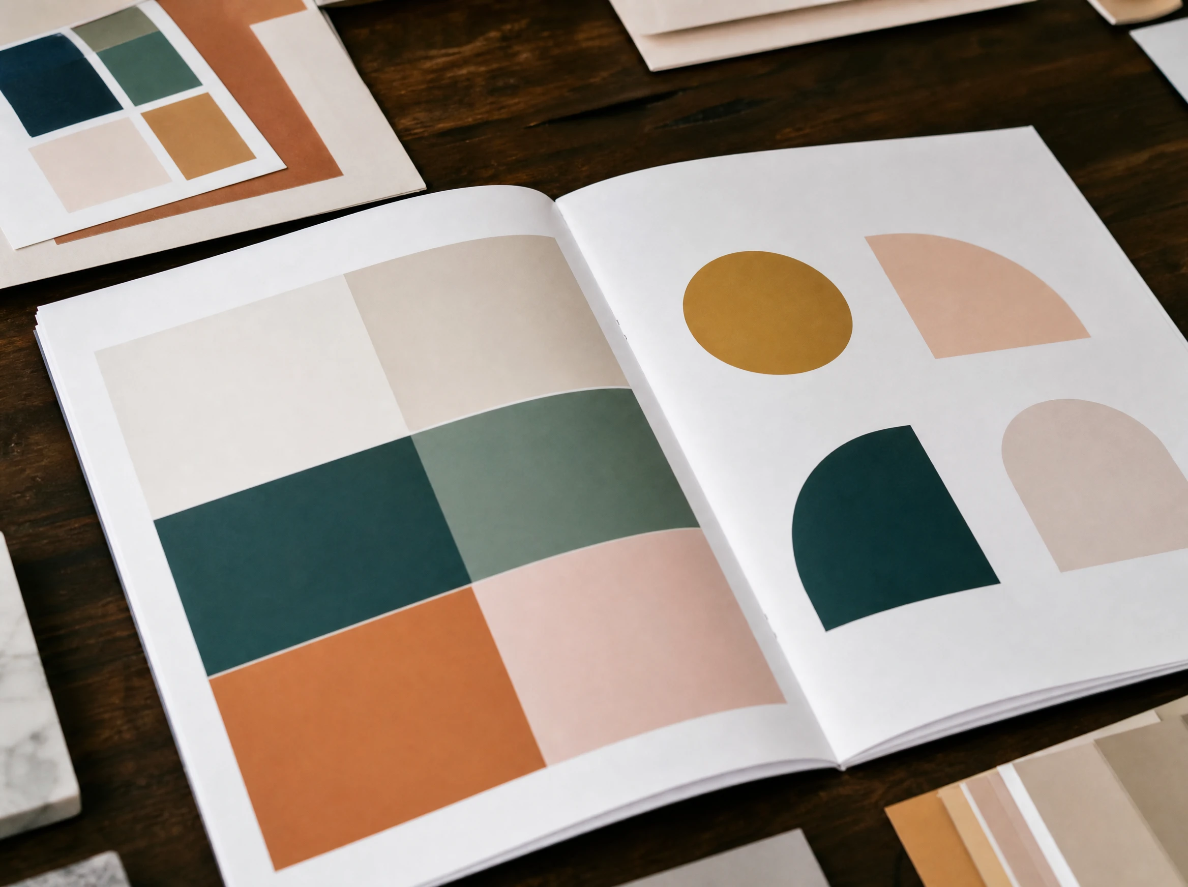 Open brand guidelines booklet showing colour and shape examples