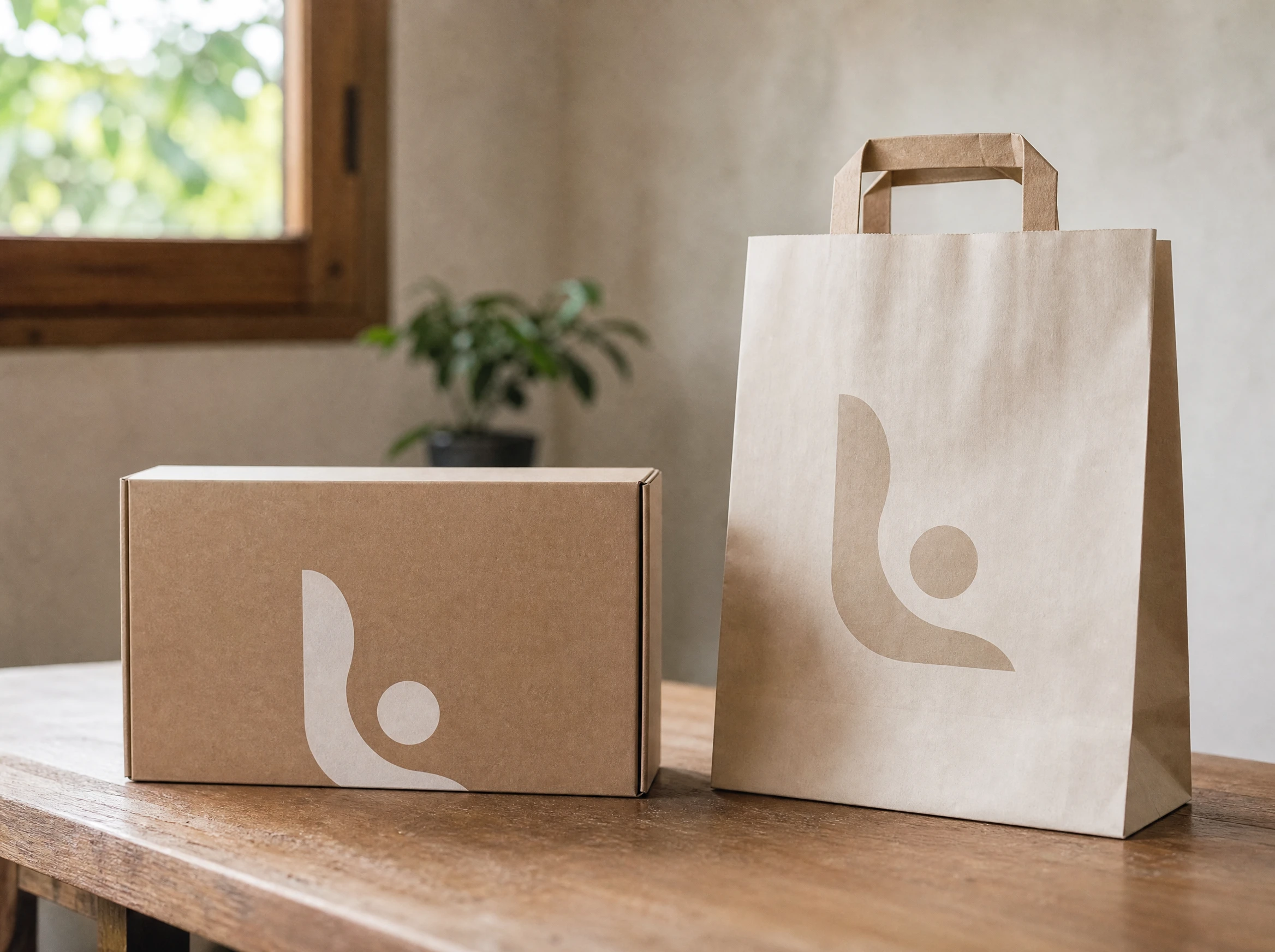 Branded kraft box and paper bag packaging on a table