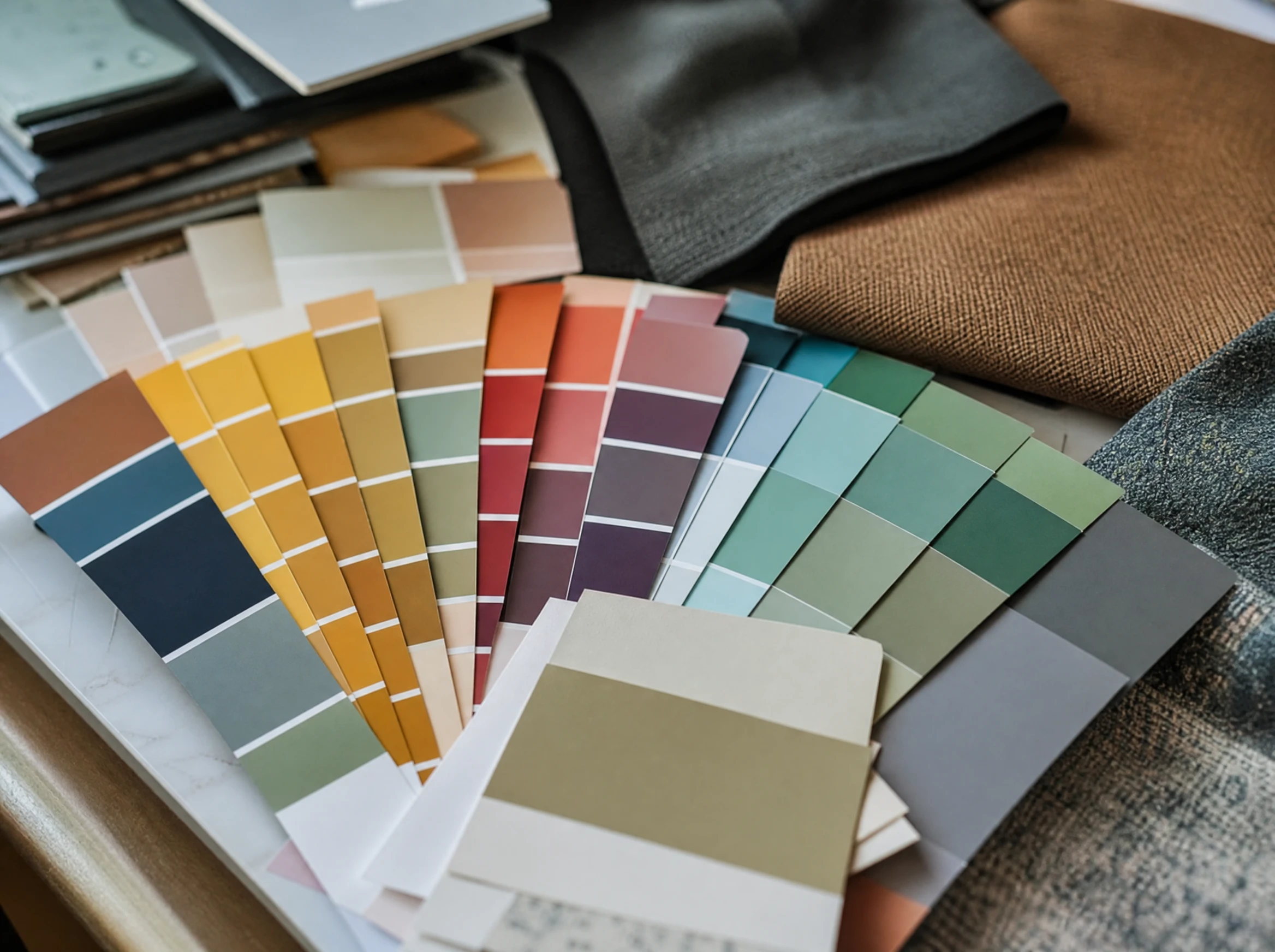 Colour palette swatches fanned out on a designer's desk