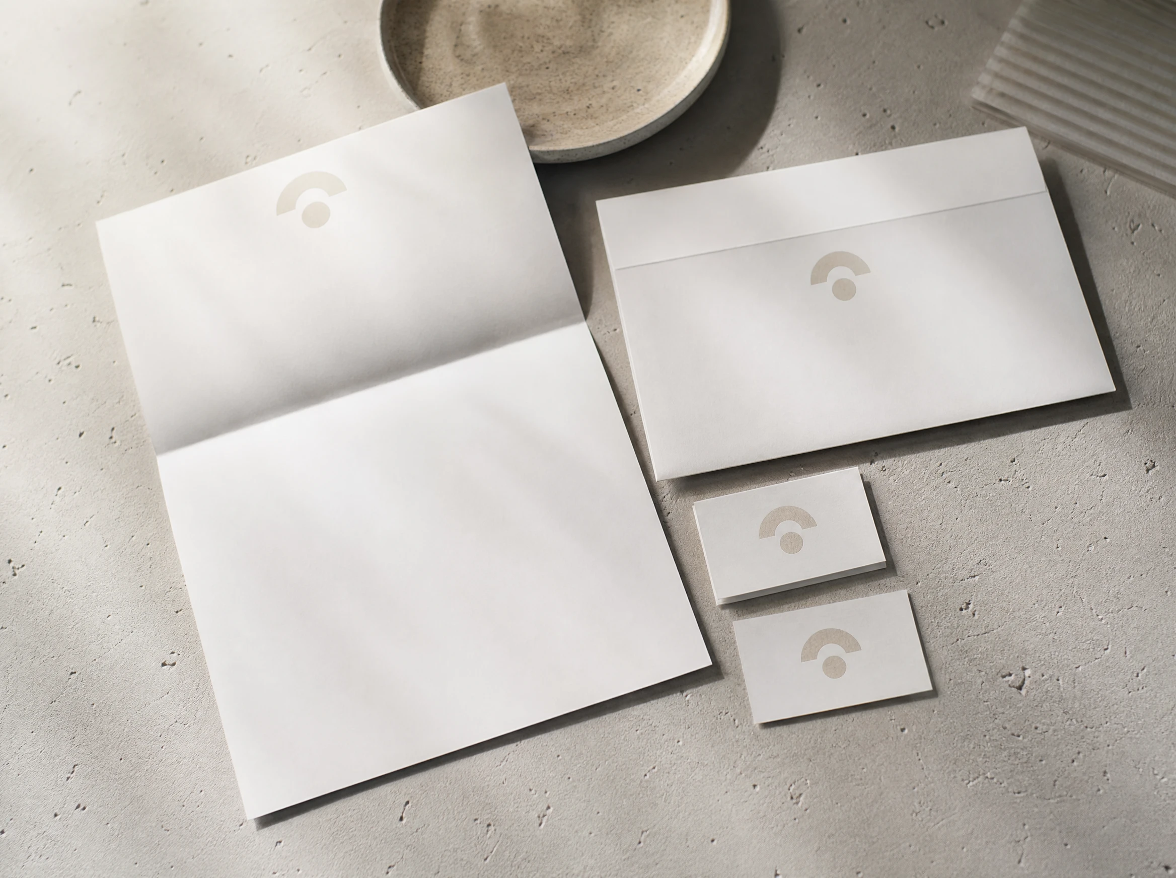 Business cards, letterhead and envelope brand stationery flatlay