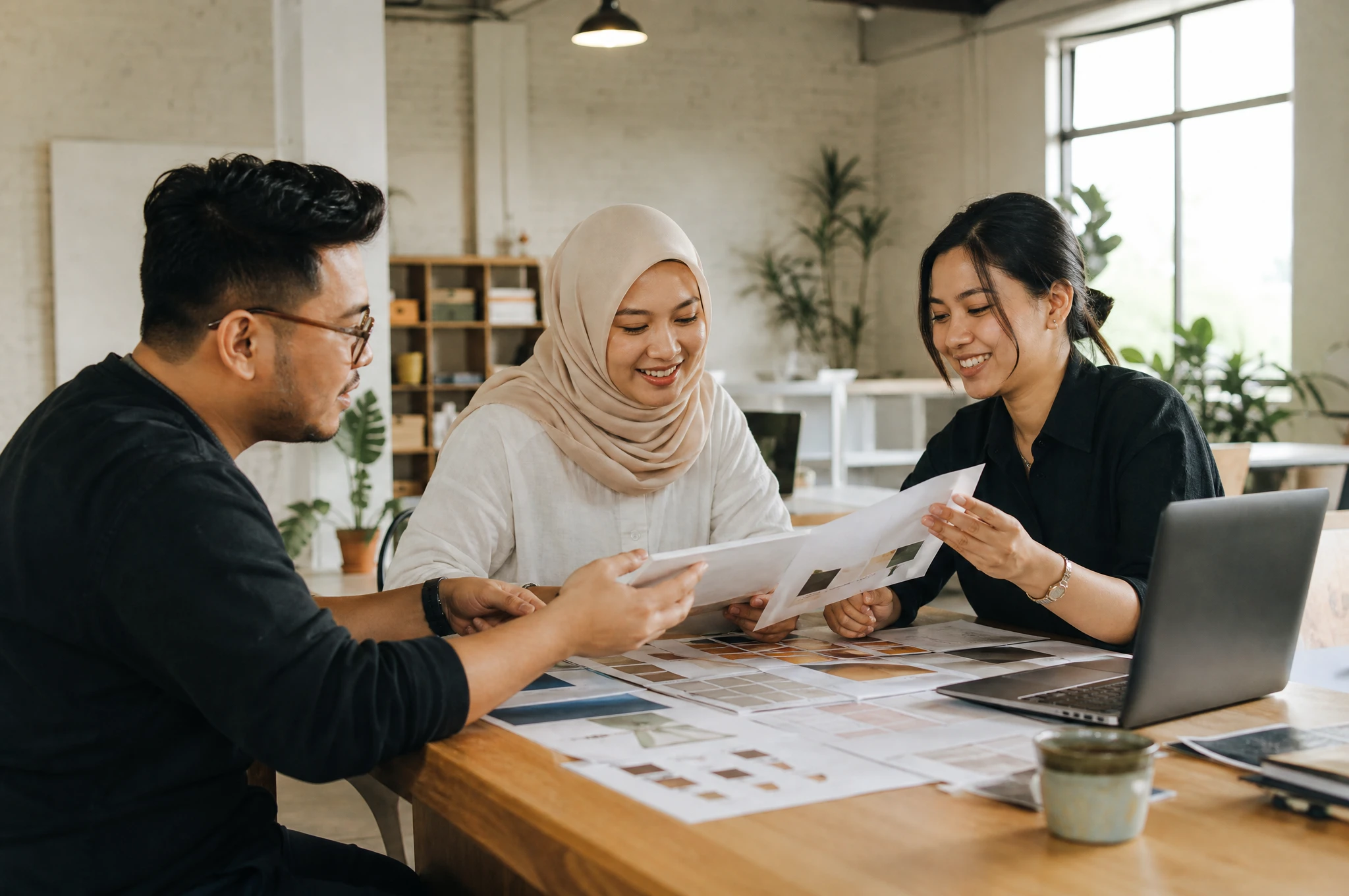 Friendly Malaysian creative team consulting with a business client over brand samples