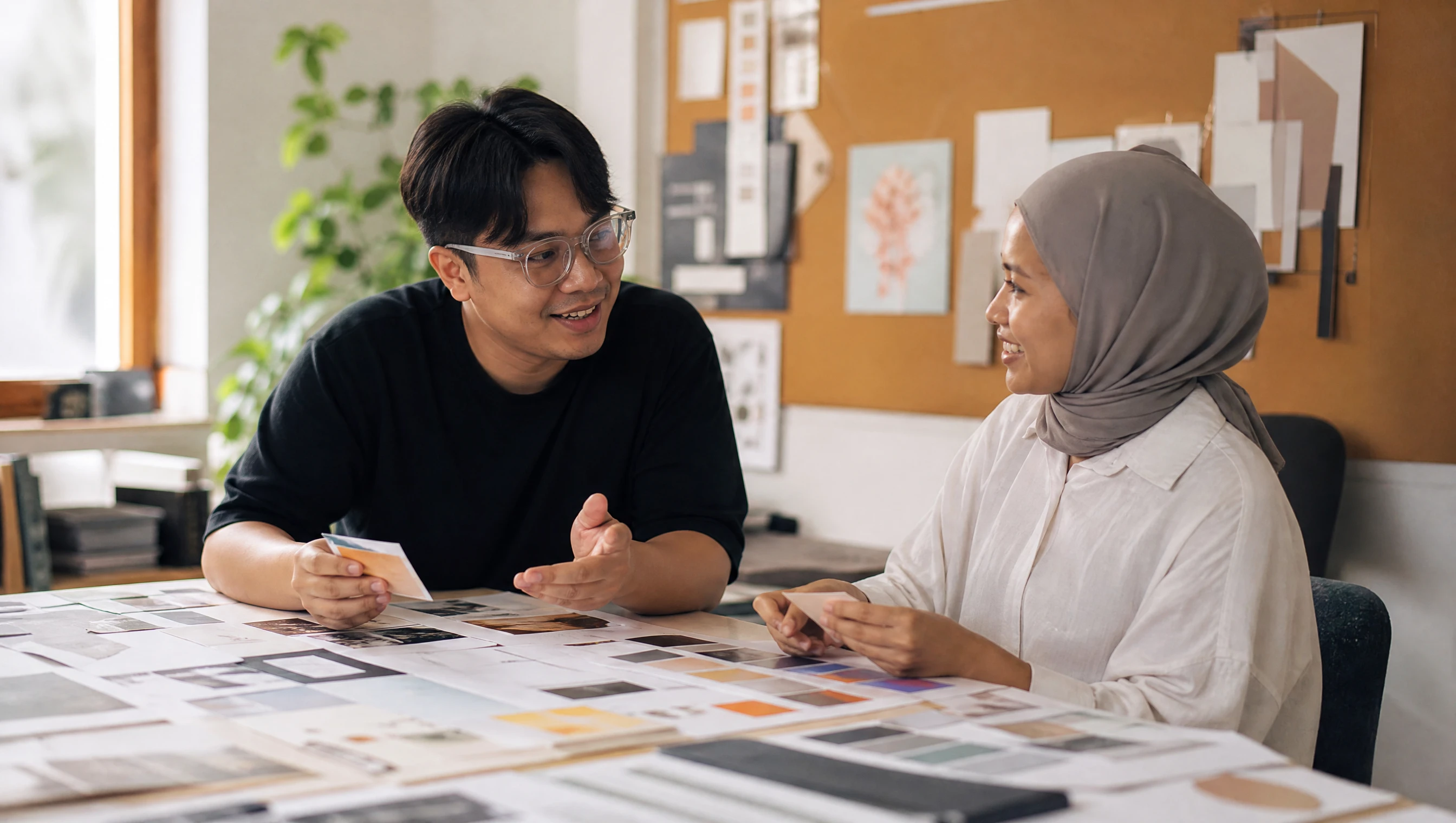 Malaysian designer and client discussing a mood board together