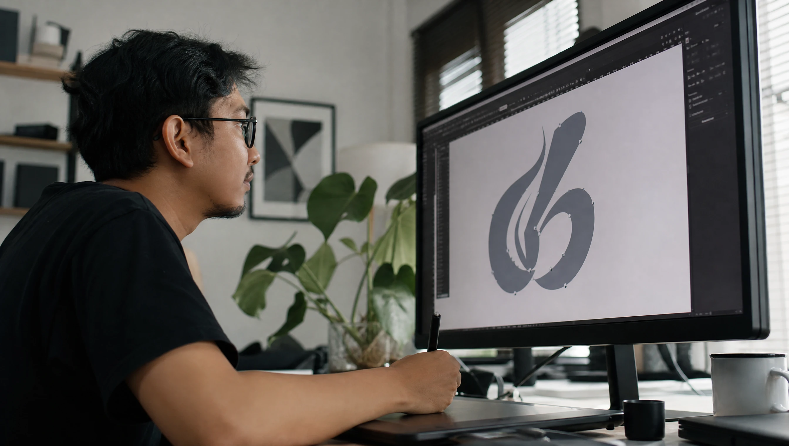 Malaysian designer refining a vector logo mark on a monitor