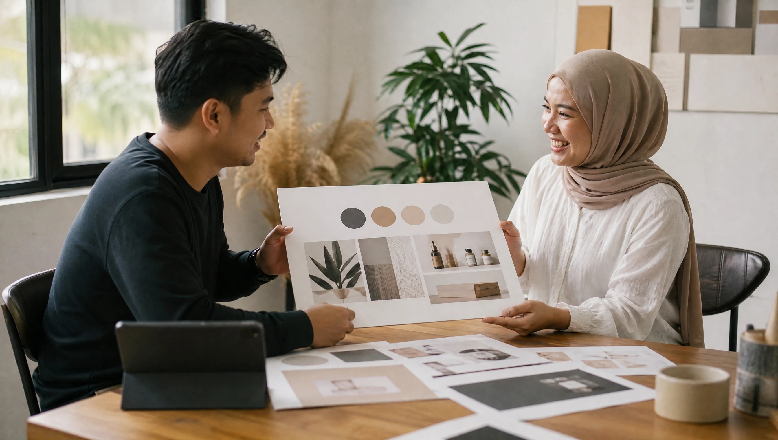 Malaysian designer presenting a finished brand identity to a happy client