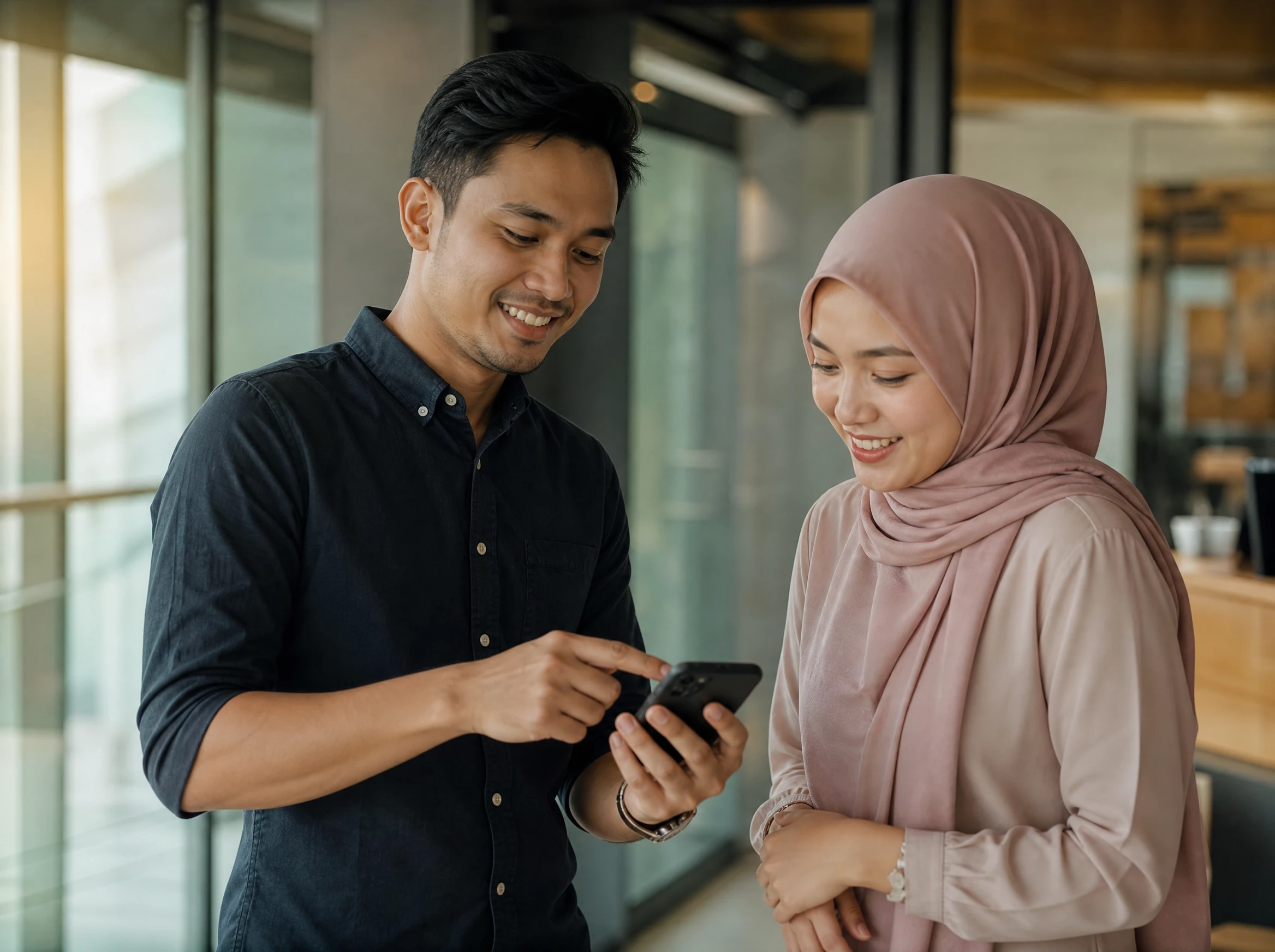 Malaysian developer showing a retail client their finished shopping app on a phone
