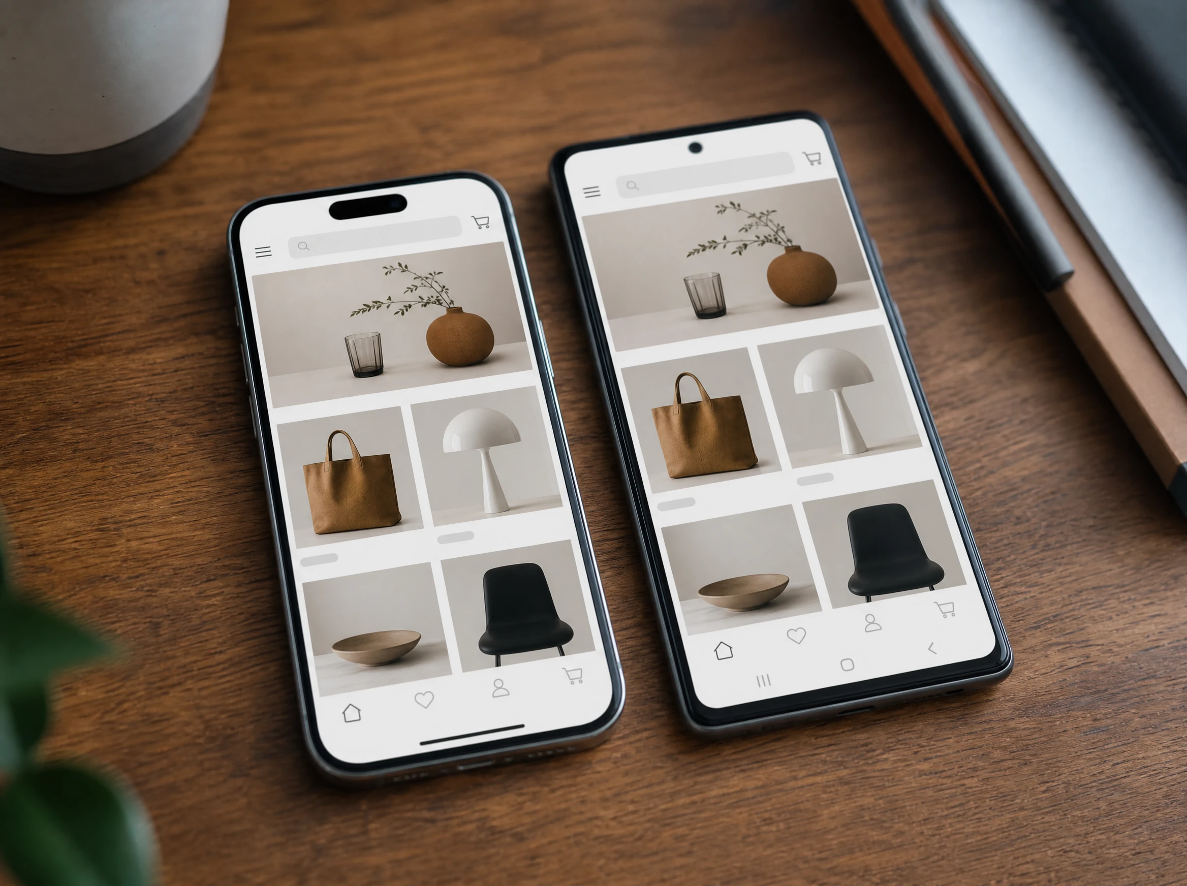 An iOS phone and an Android phone side by side showing the same shopping app