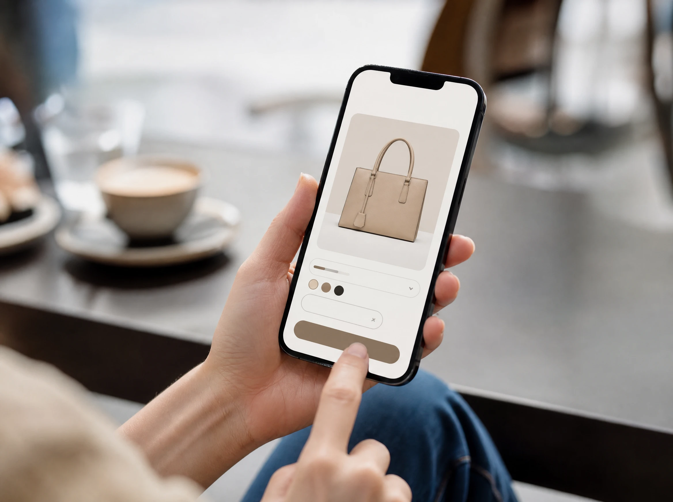 Hand holding a phone showing a polished shopping app product page