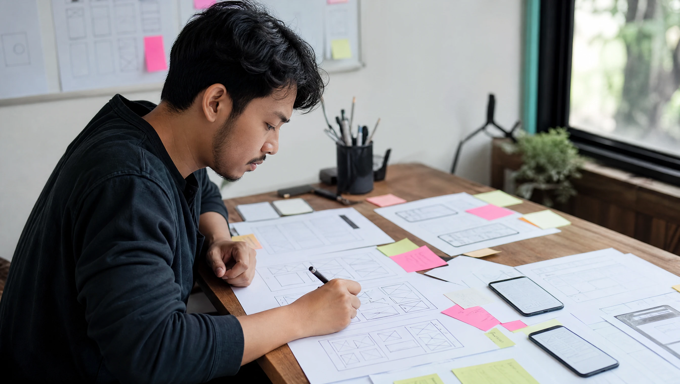 Malaysian designer sketching shopping app screen wireframes