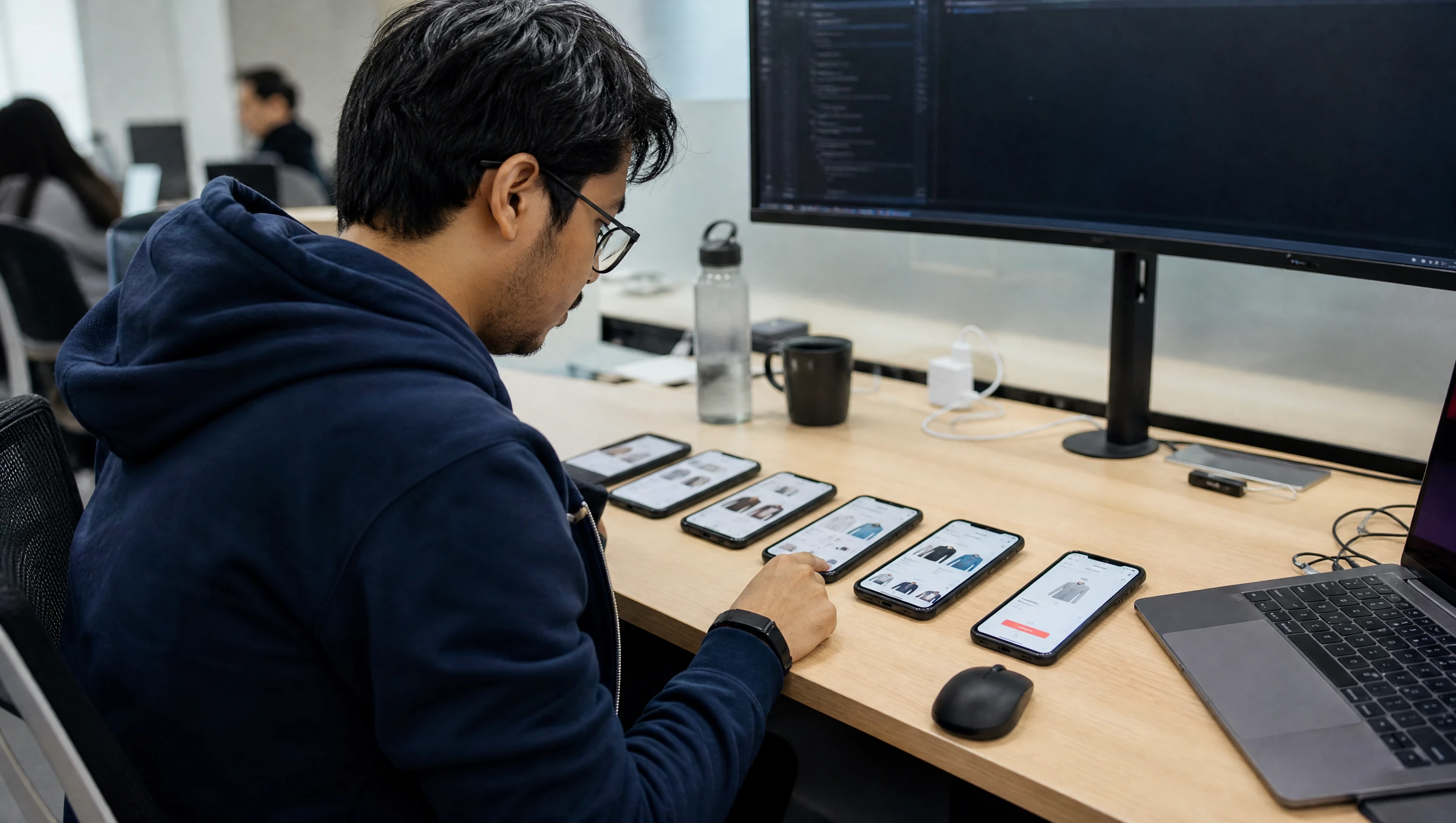 Malaysian developer testing a shopping app across several phones