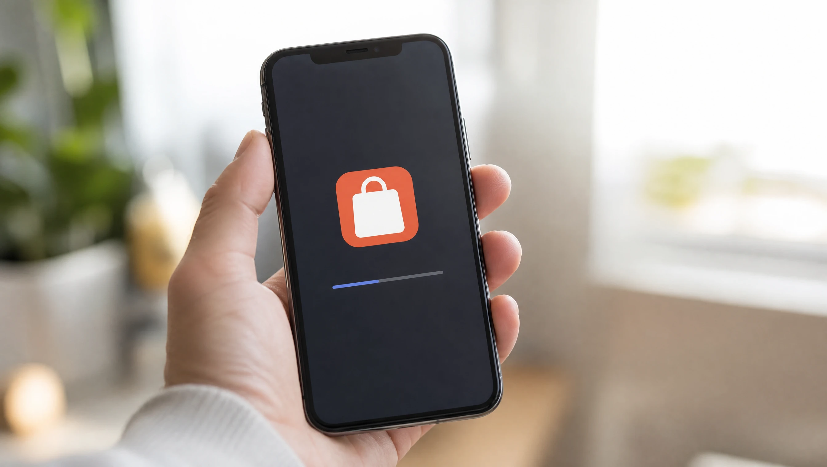 Hand holding a phone showing a shopping app installing from the store