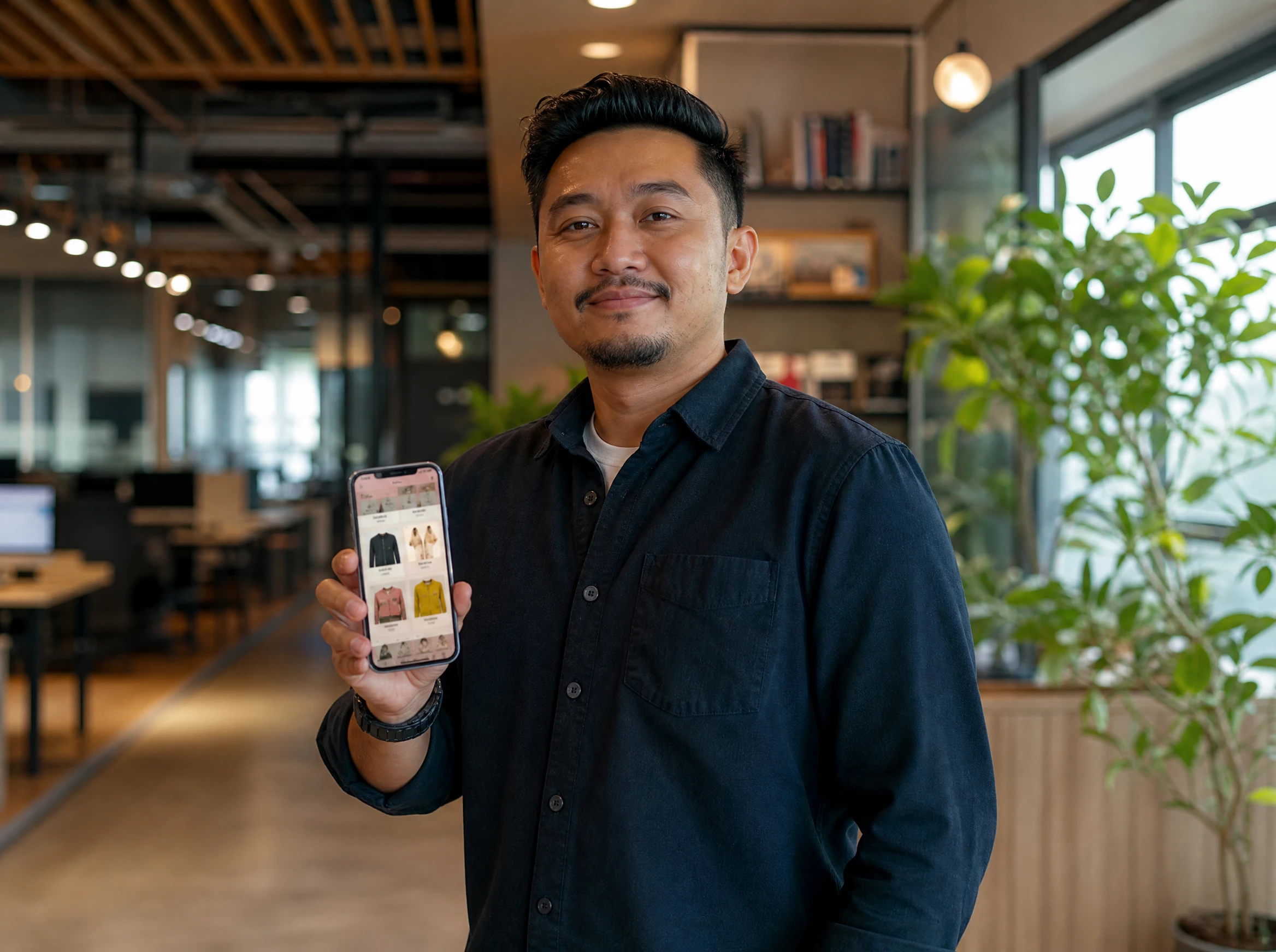 Confident Malaysian app product lead holding a phone showing a shopping app