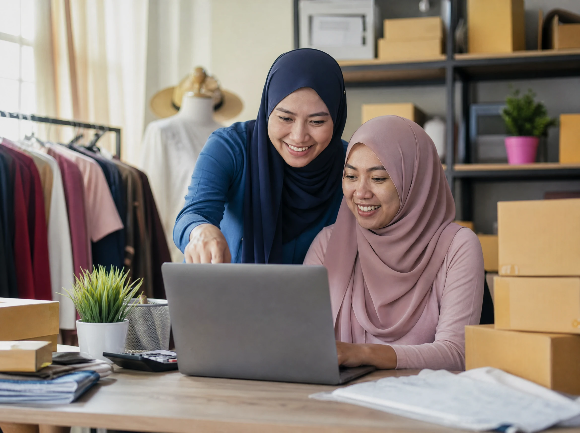Malaysian store owner being shown how to manage her online orders dashboard