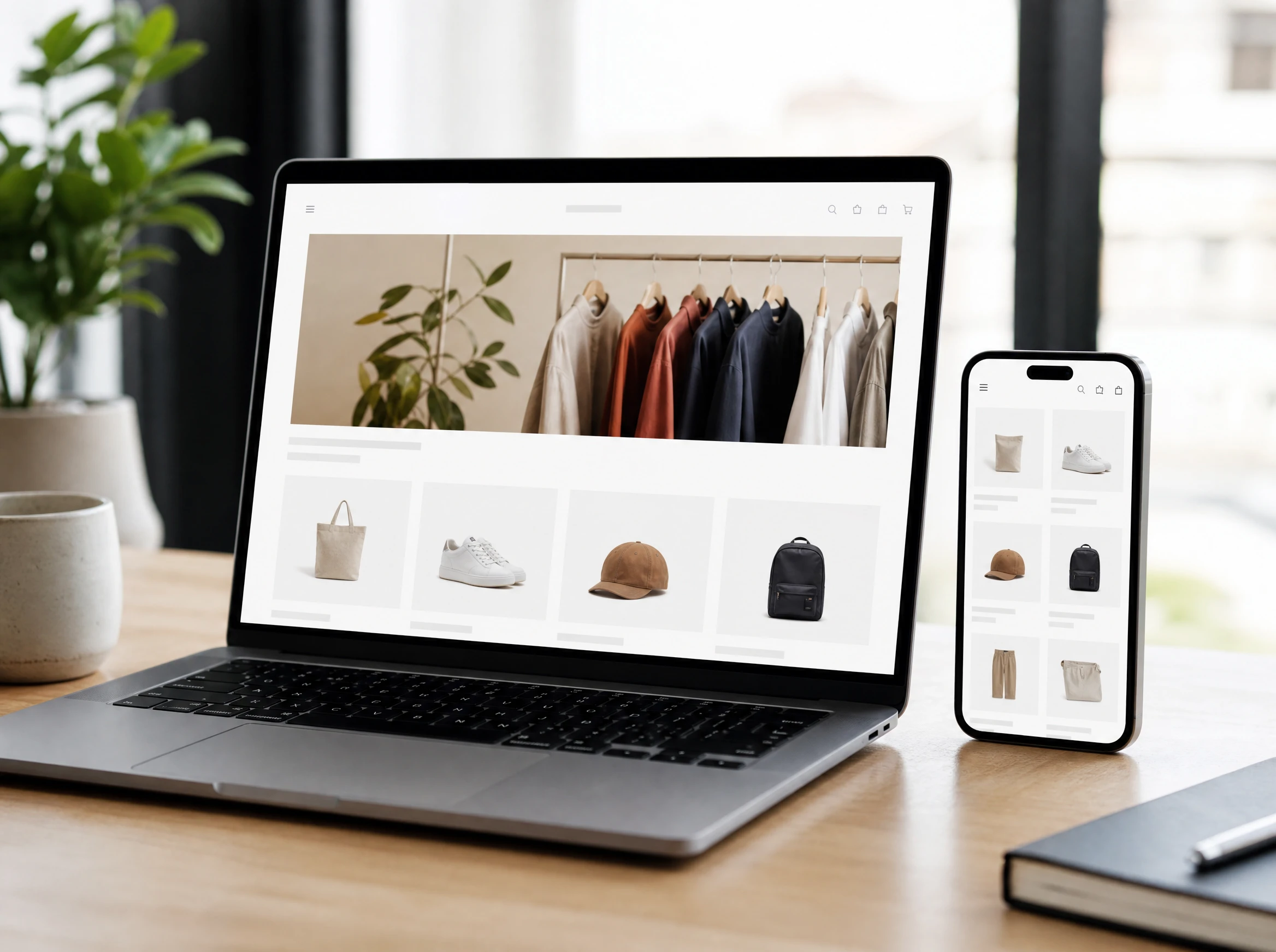 A clean online store shown on a laptop and a phone on a tidy desk