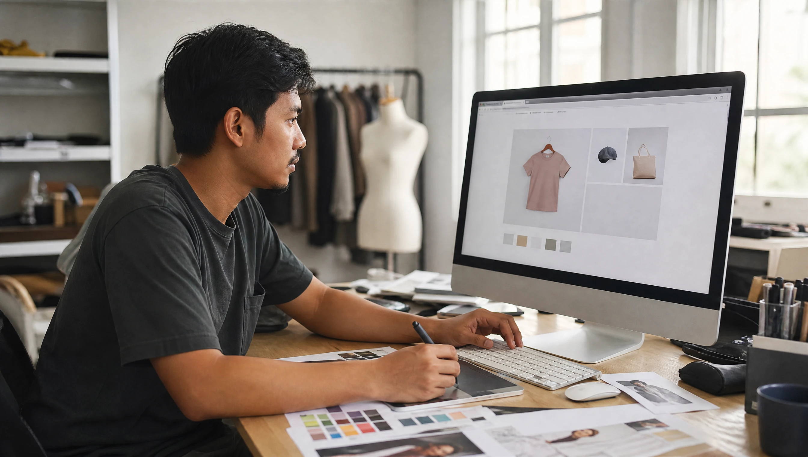 Malaysian designer working on an online store product page layout