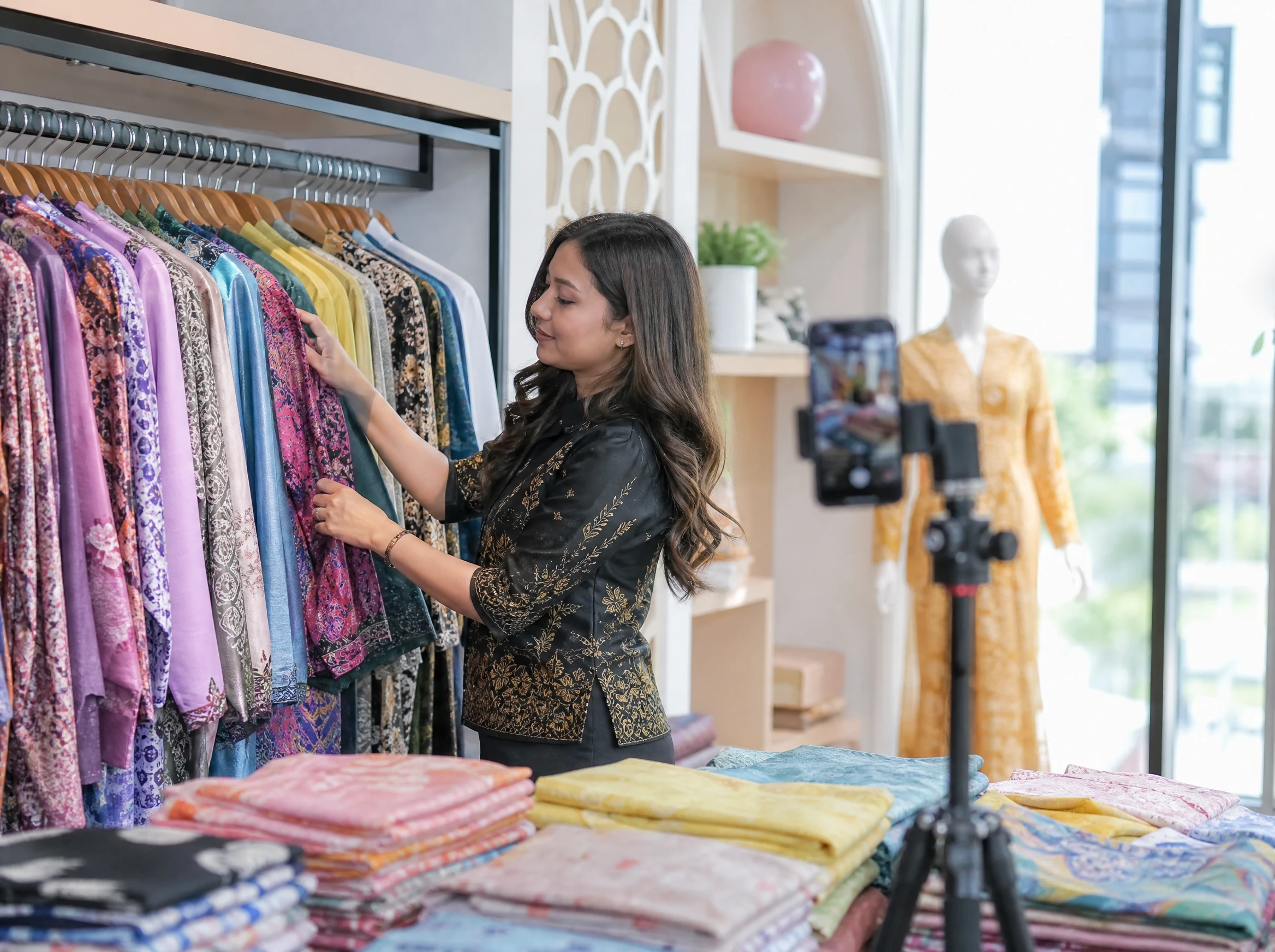 Malaysian fashion boutique owner arranging clothes for an online shop
