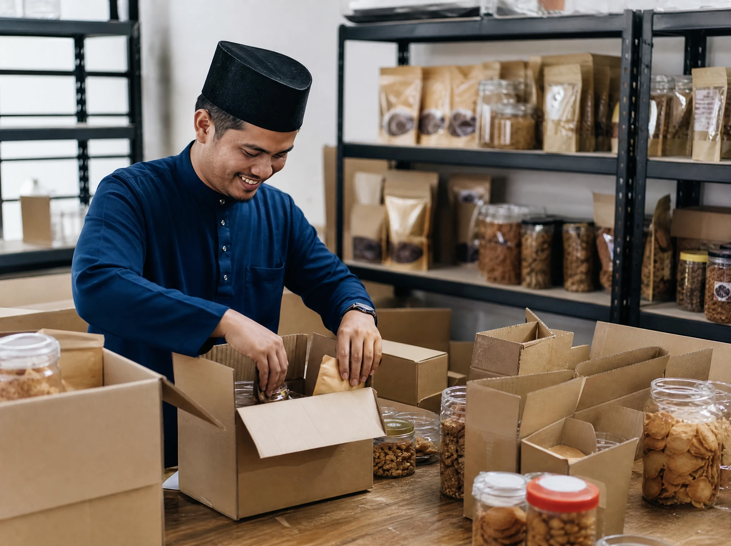 Malaysian man packing local food products into delivery boxes