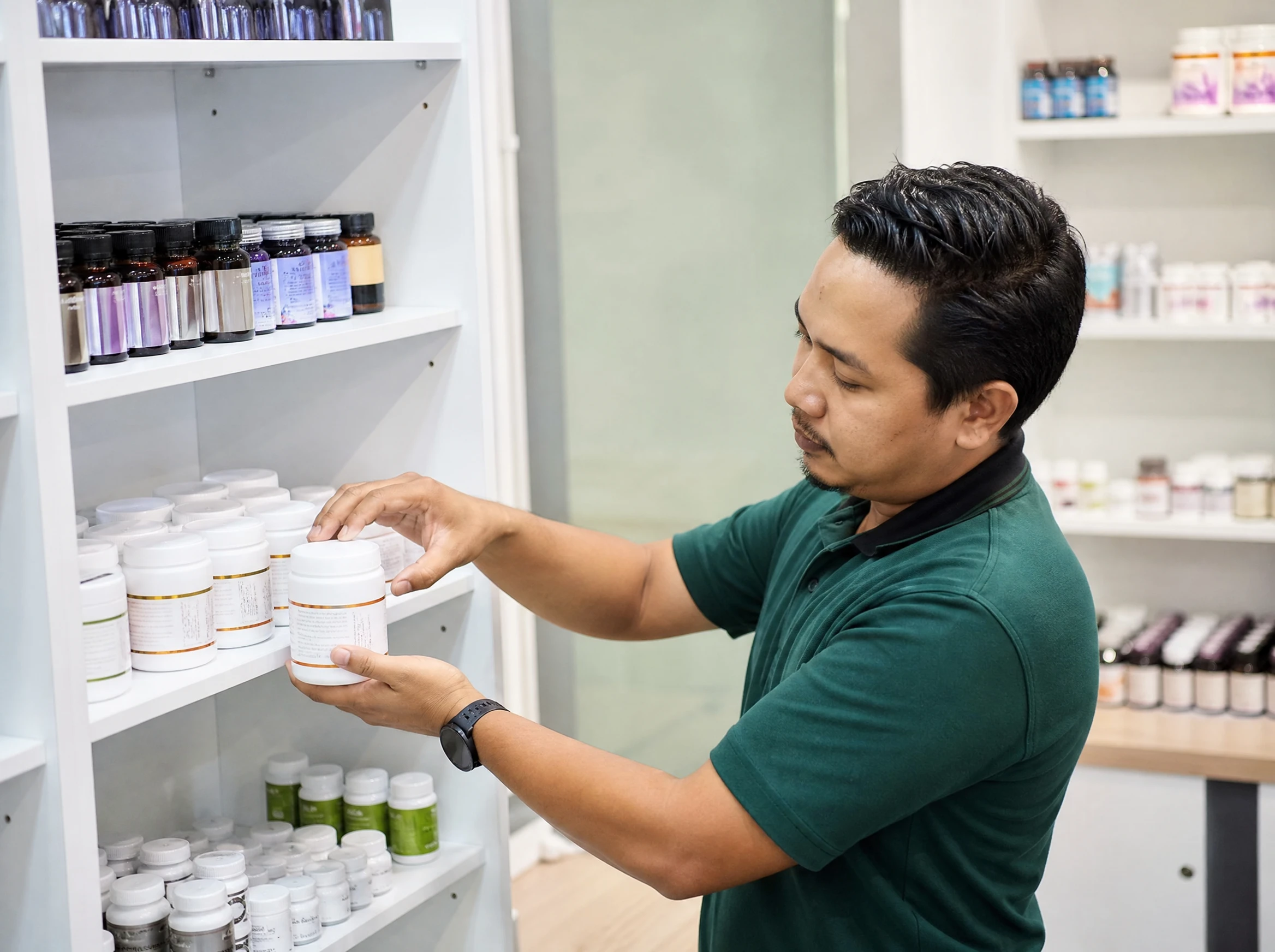 Malaysian man arranging health supplements on a shelf