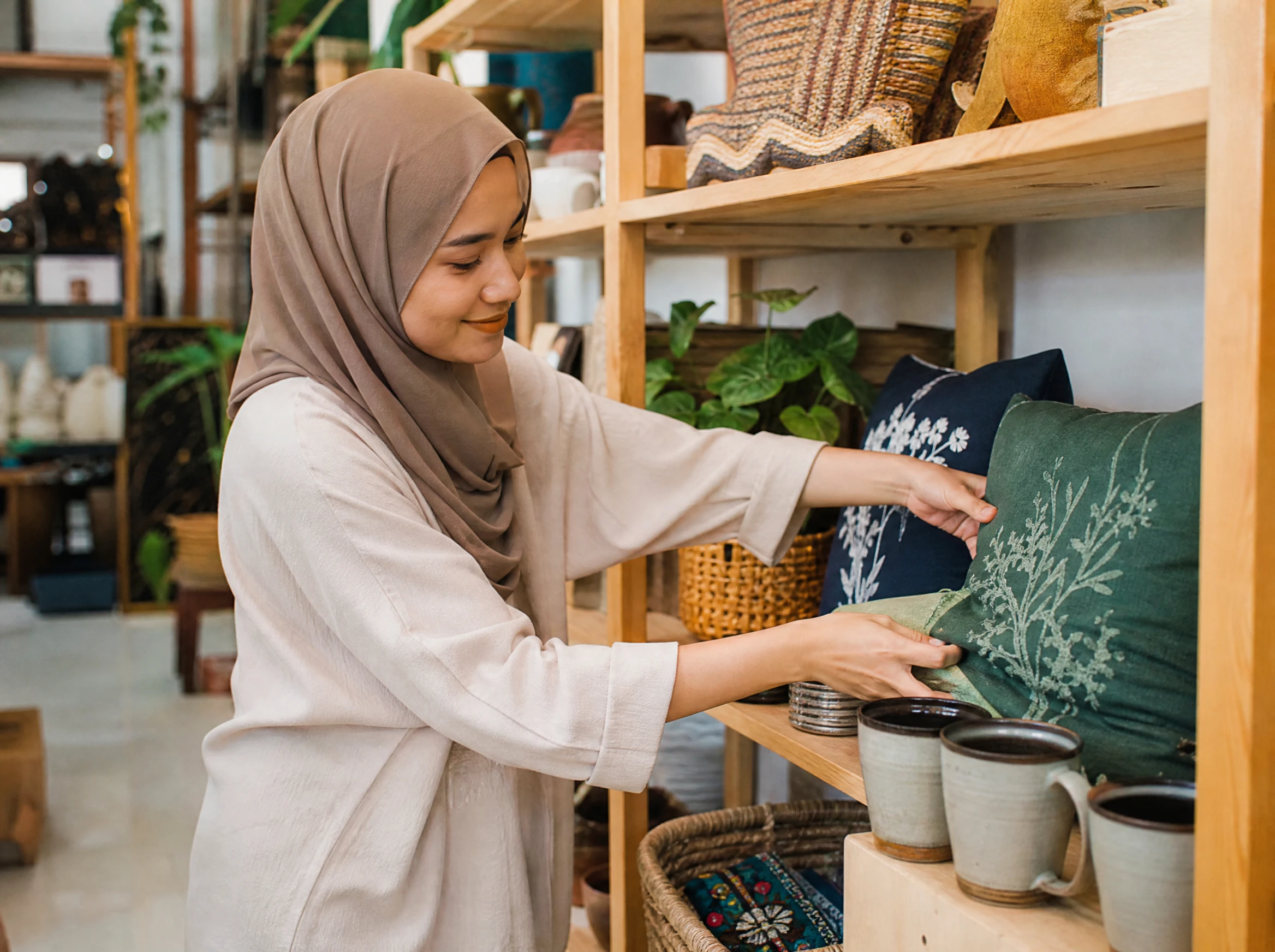Malaysian woman arranging home and living products on shelves
