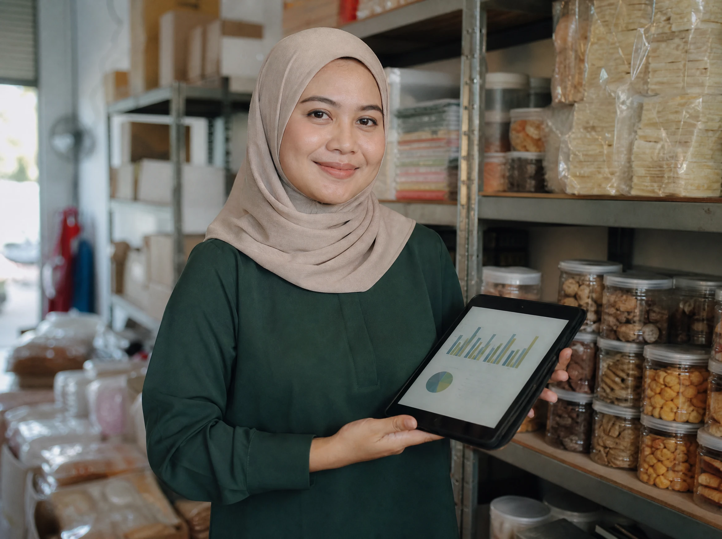 Confident Malaysian online store owner holding a tablet showing her sales