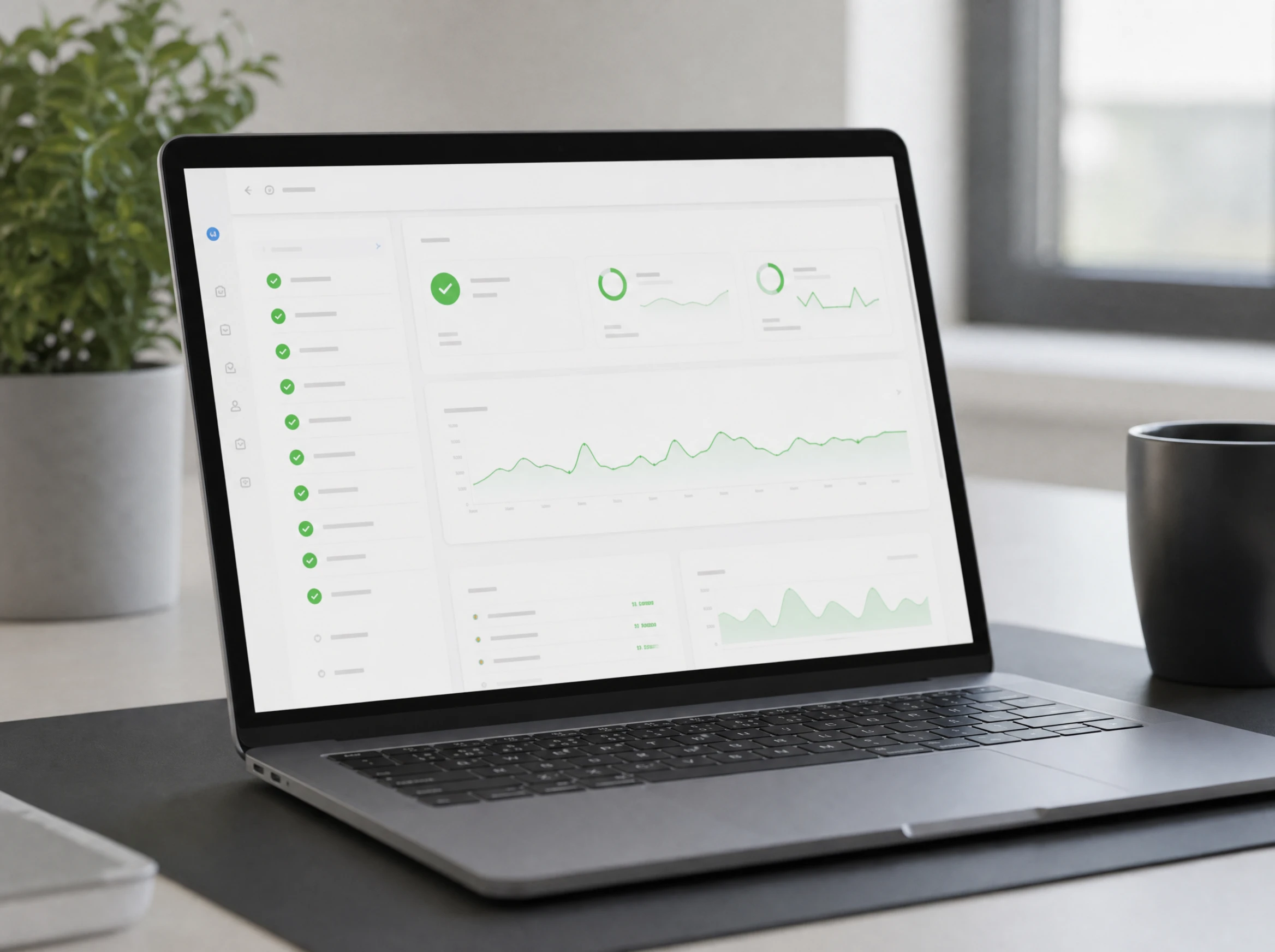 A clean website monitoring dashboard with green status checks on a laptop