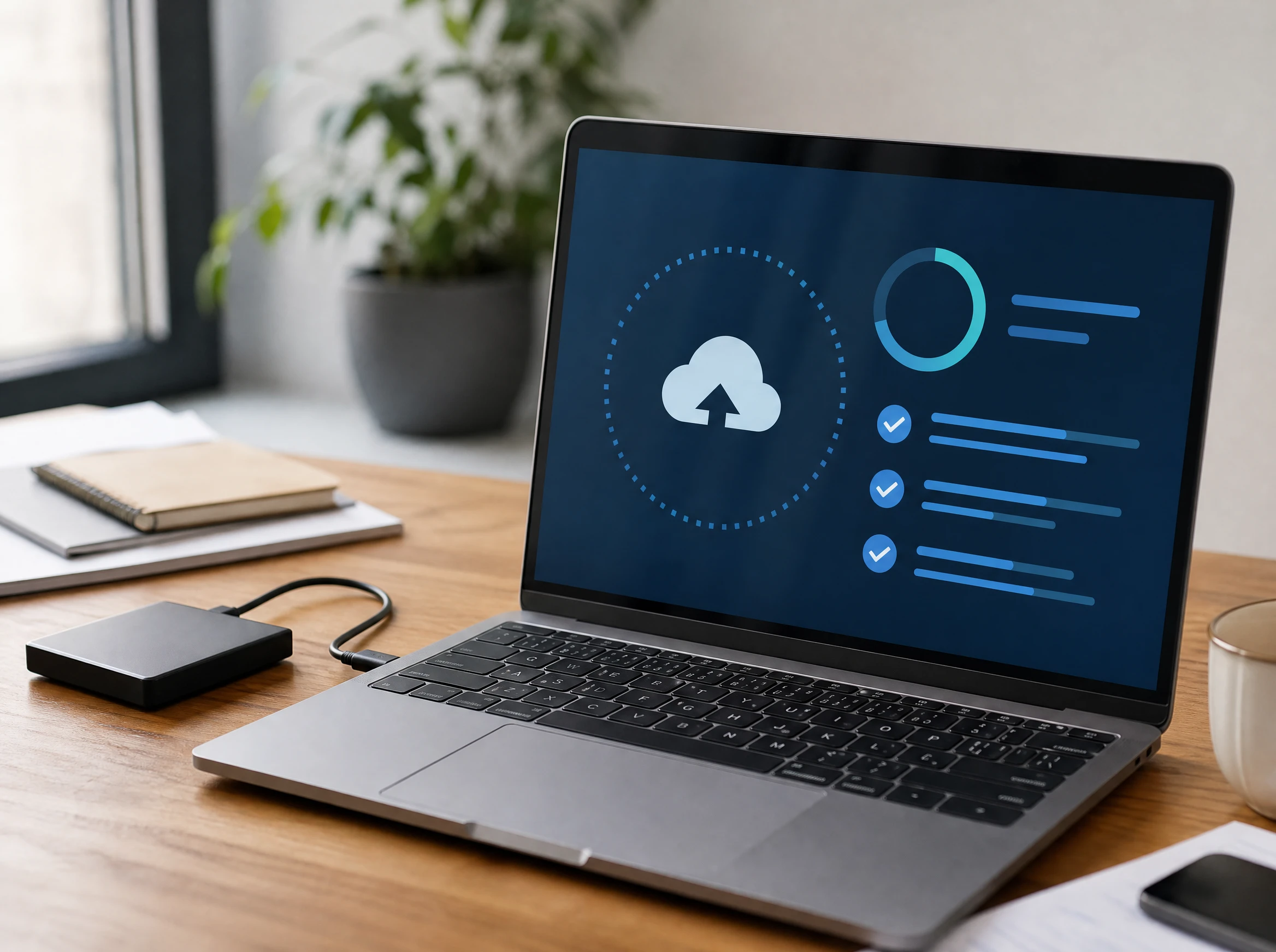 Laptop showing a cloud backup dashboard with progress rings