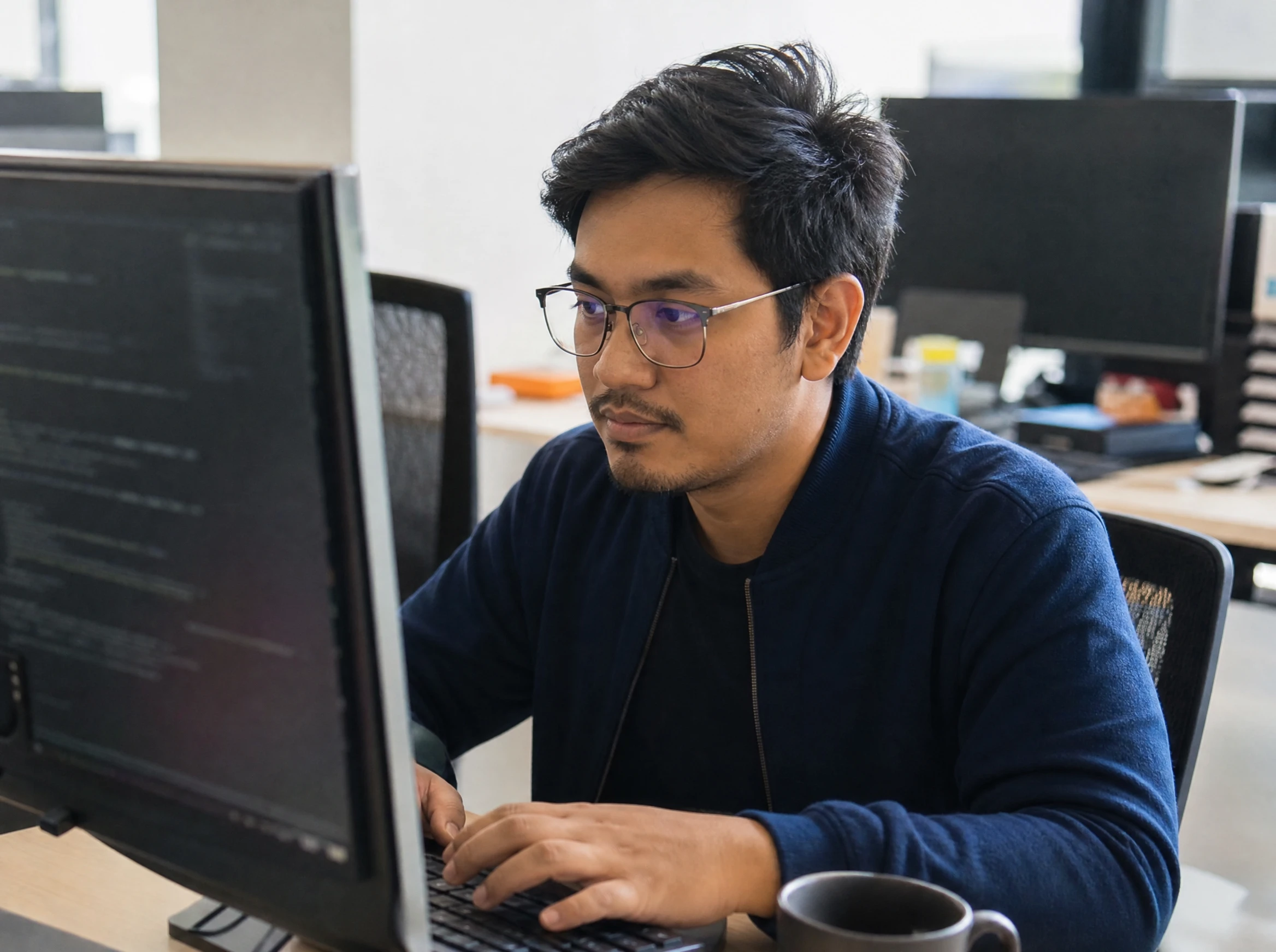 Malaysian developer fixing a bug at a workstation