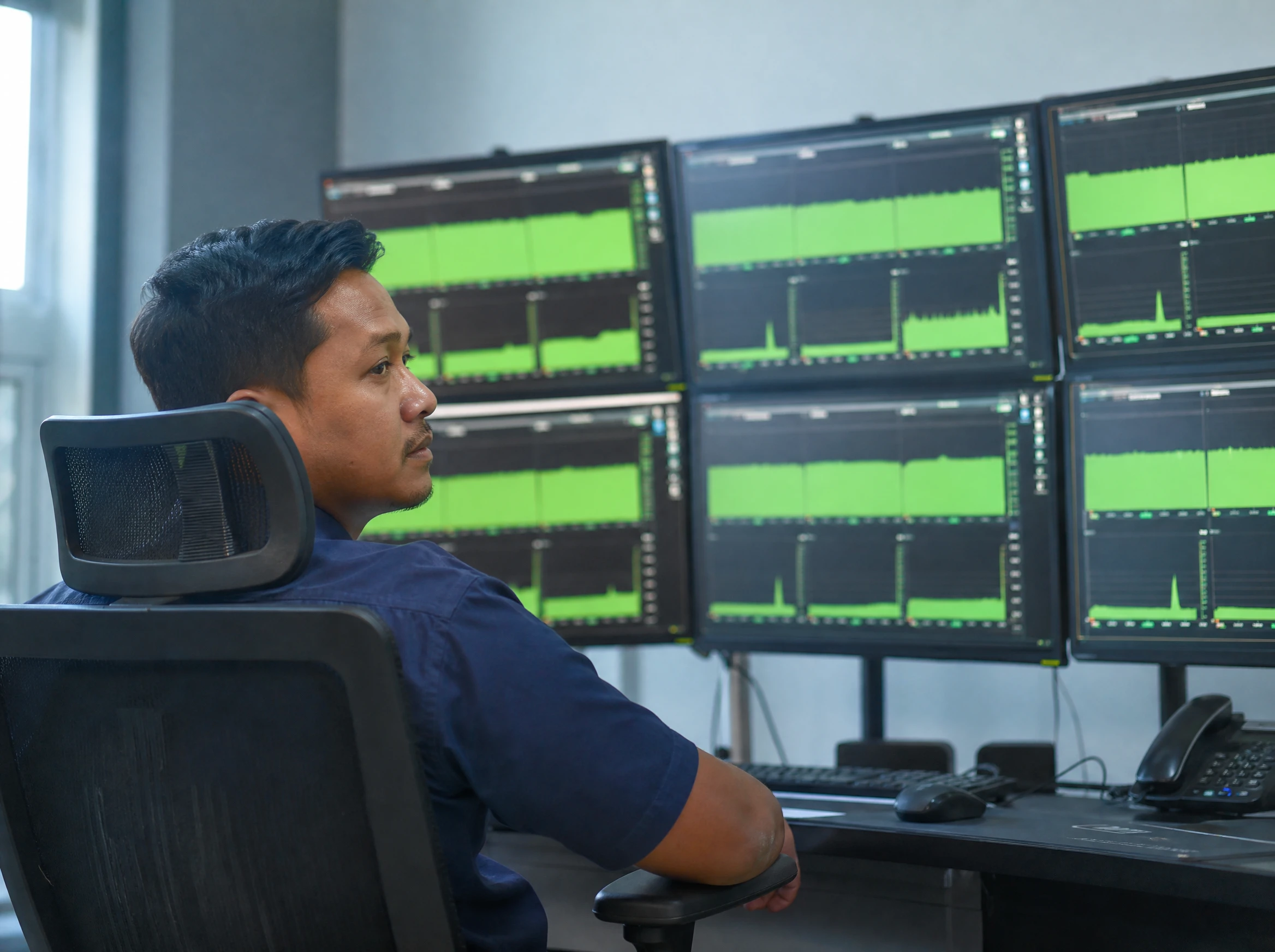 Malaysian technician watching a wall of green uptime monitors