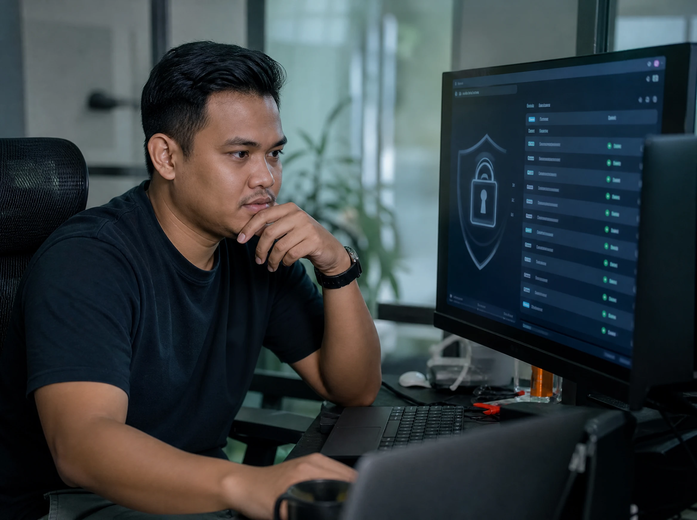 Malaysian developer reviewing a website security panel on a monitor