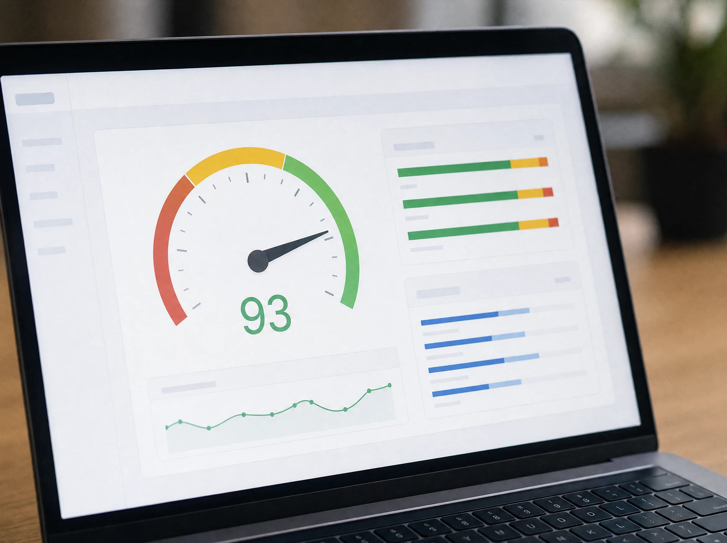 Laptop screen showing a website speed performance gauge
