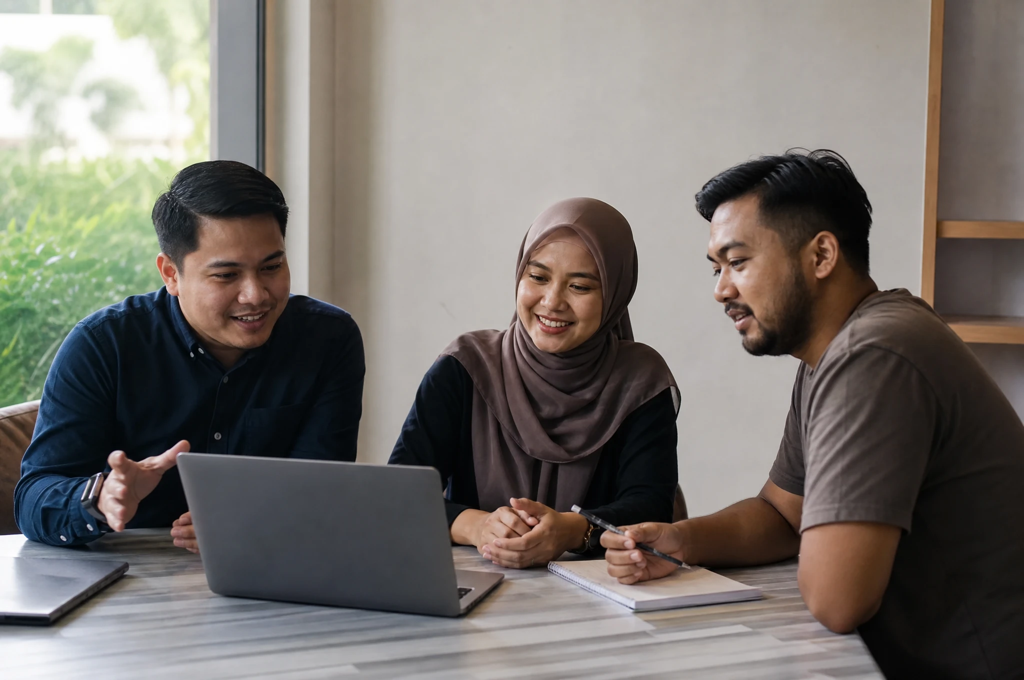 Friendly Malaysian support team consulting with a small business owner