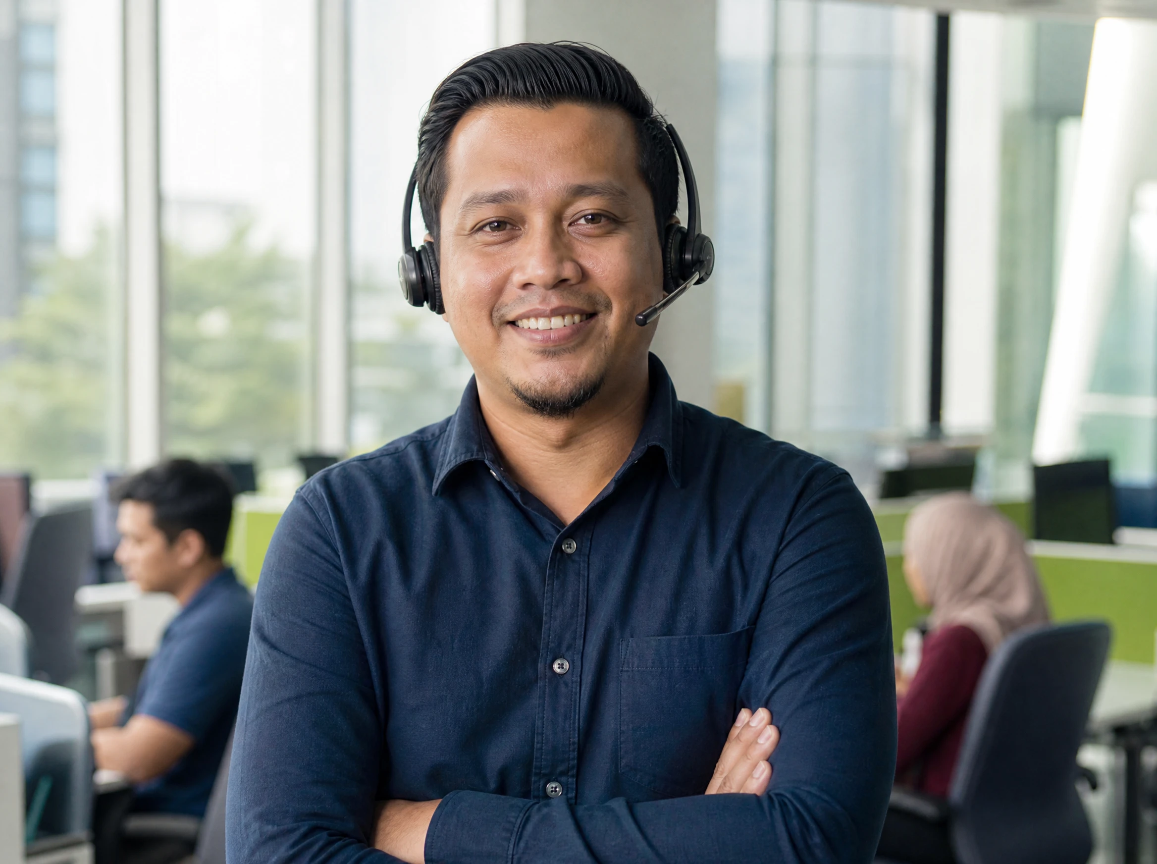 Confident friendly Malaysian website support lead wearing a headset