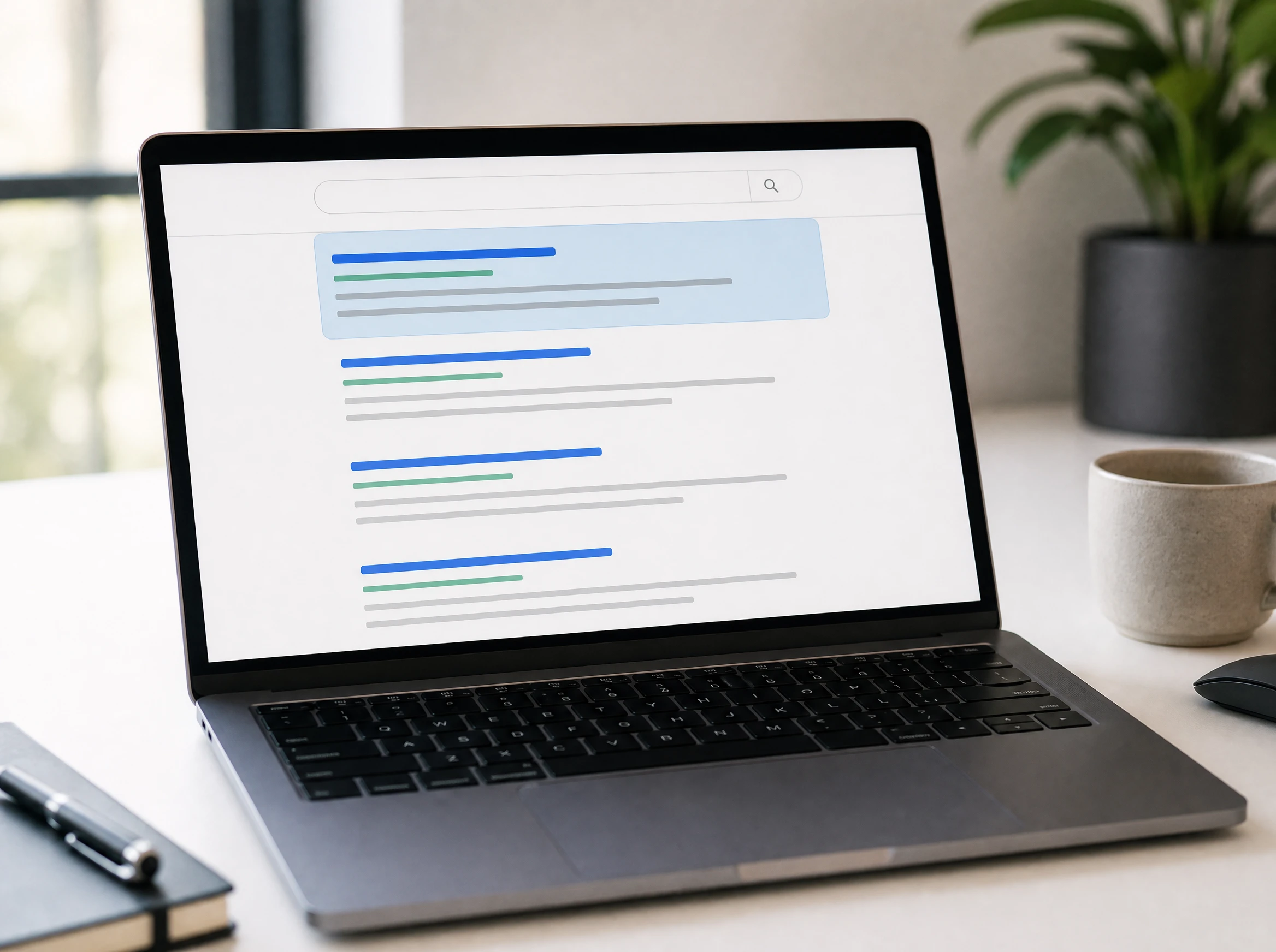 A laptop showing a clean search results page with the top result highlighted