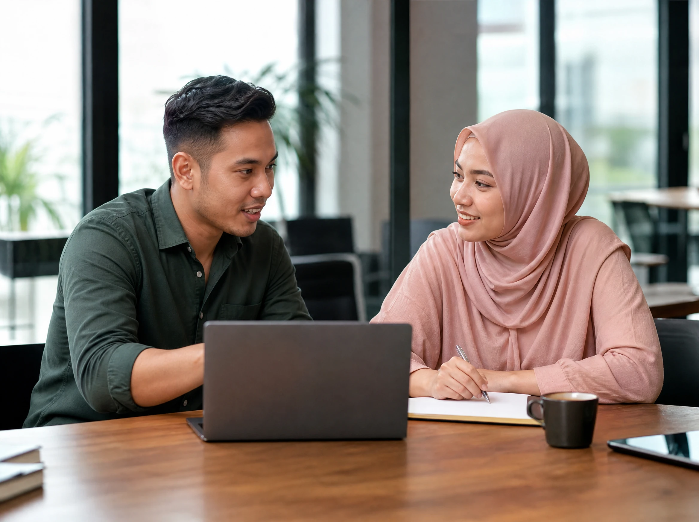 Two Malaysian marketers discussing outreach over a laptop