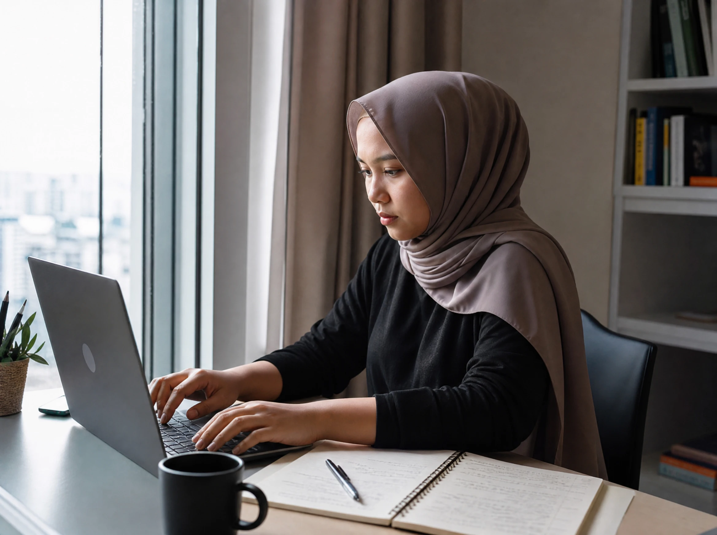 Malaysian content writer working on a laptop