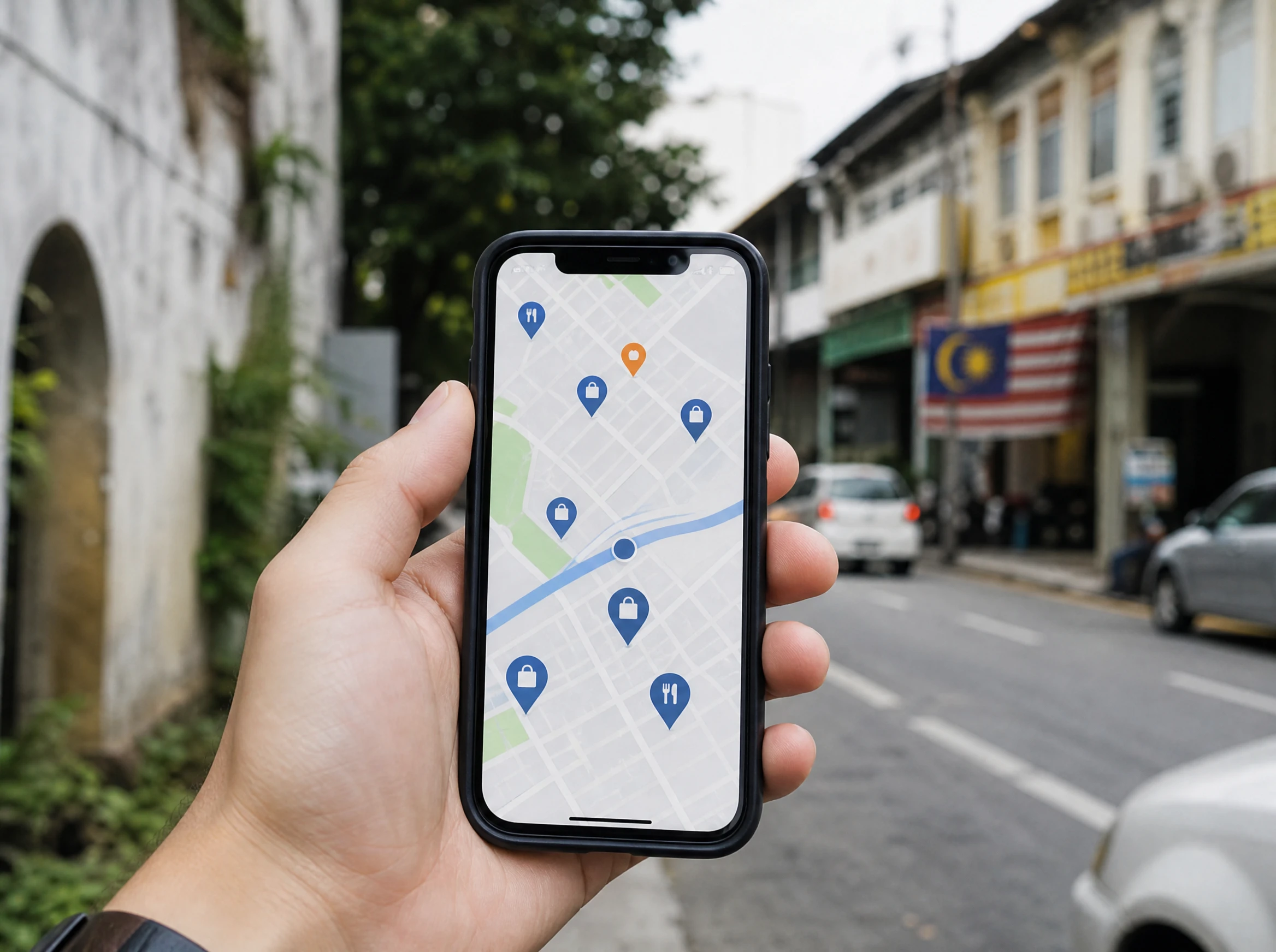 Hand holding a phone showing a local map search with shop pins on a Malaysian street