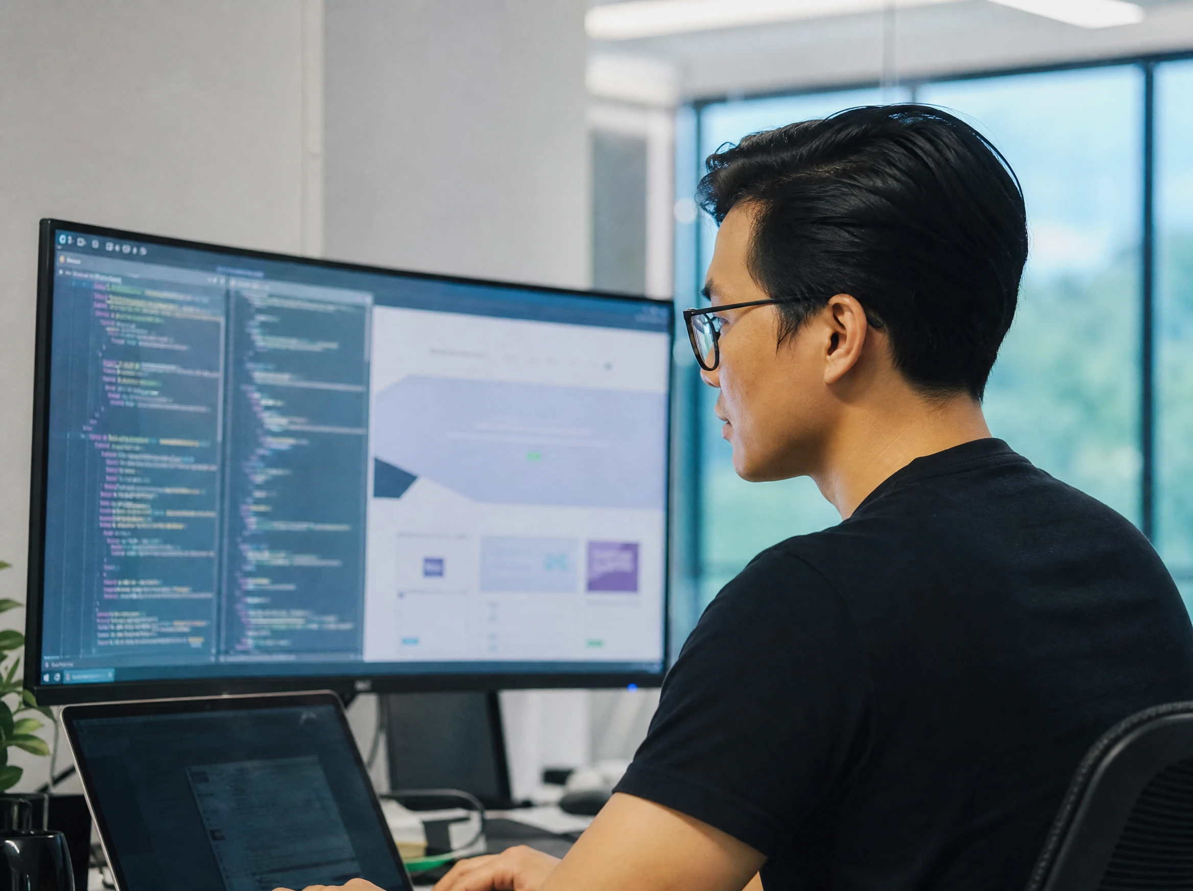 Malaysian developer optimising a website on a monitor