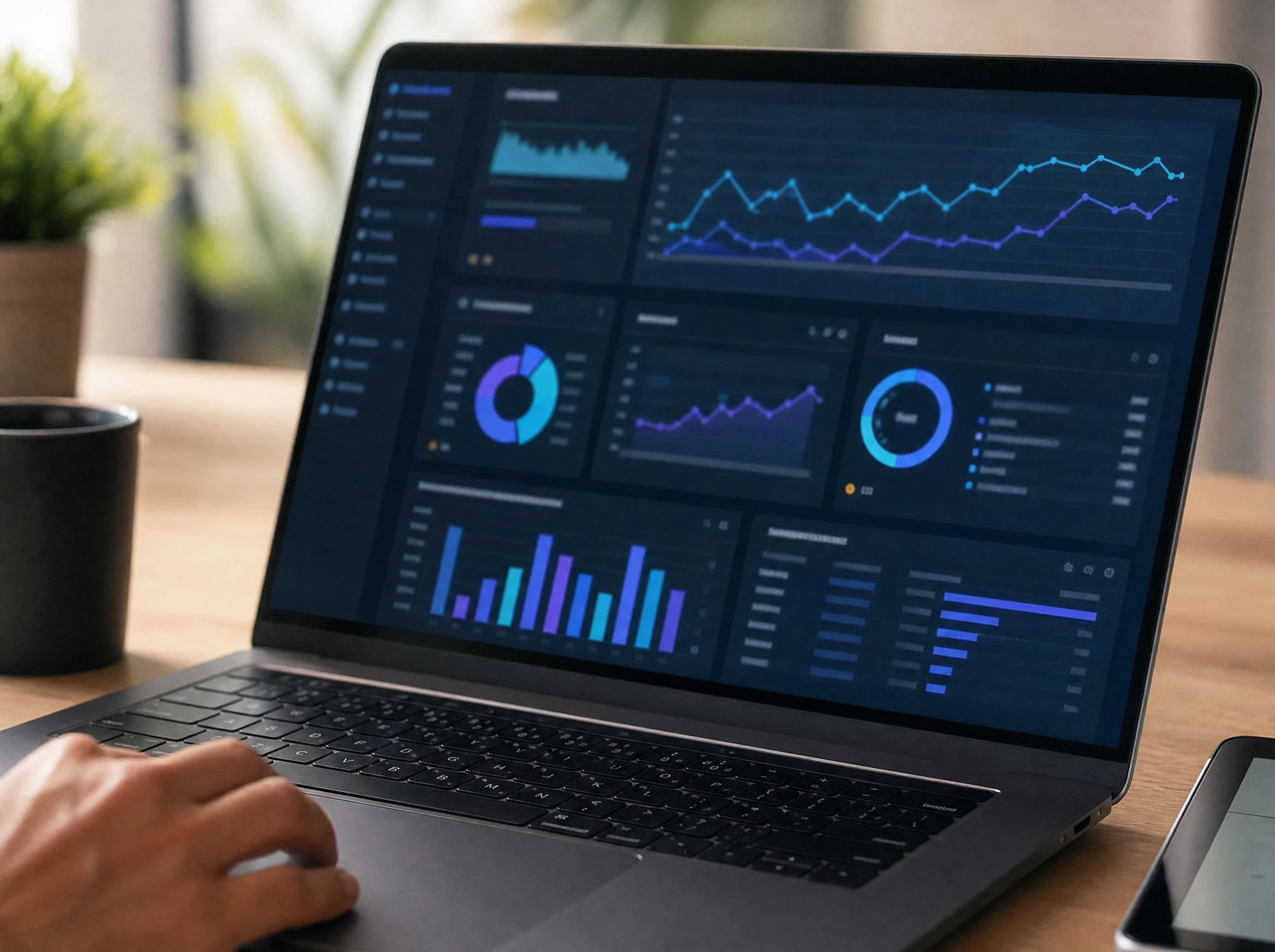 Laptop showing an analytics dashboard with rising charts