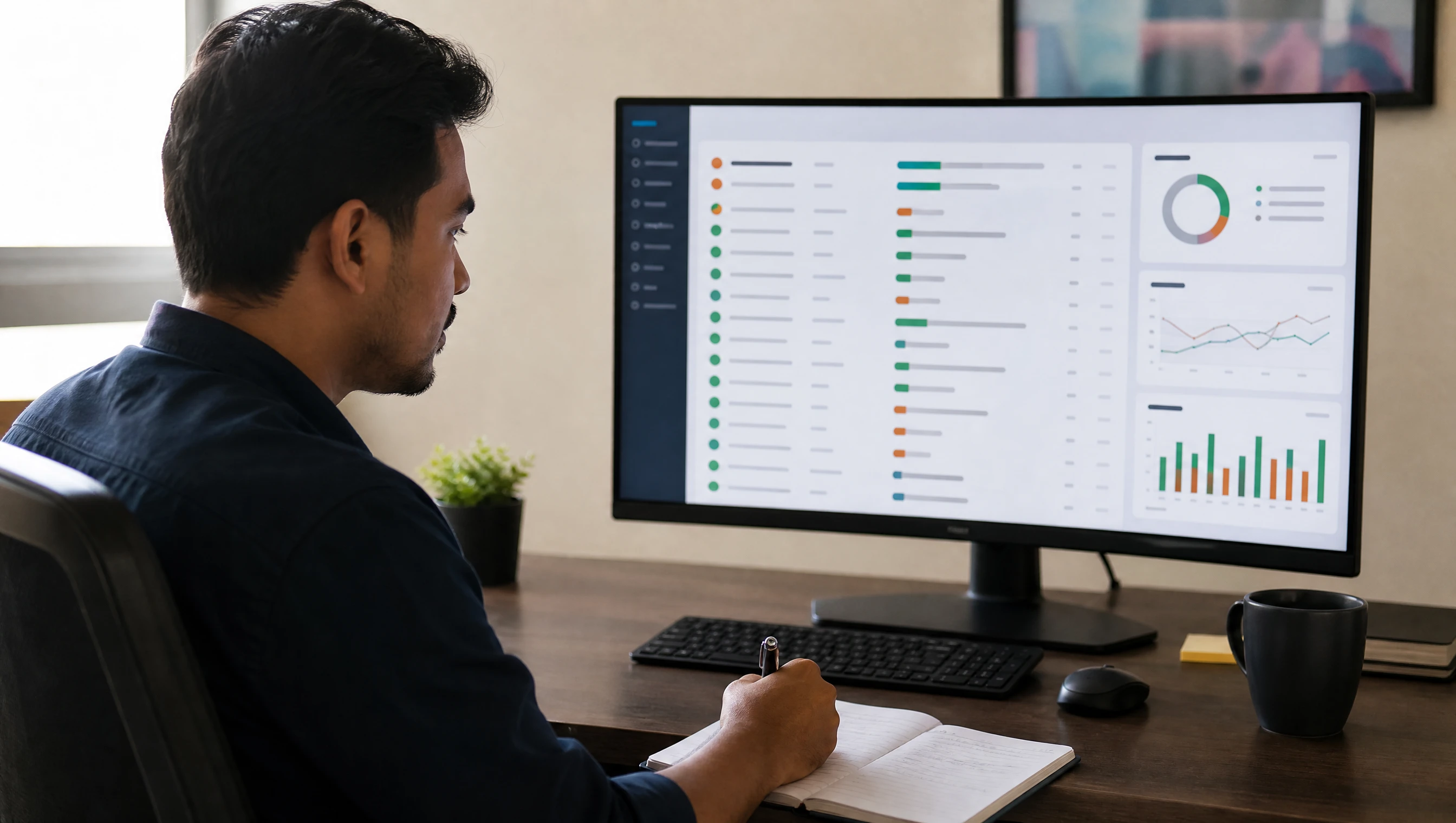 Malaysian SEO analyst reviewing a website audit on a monitor