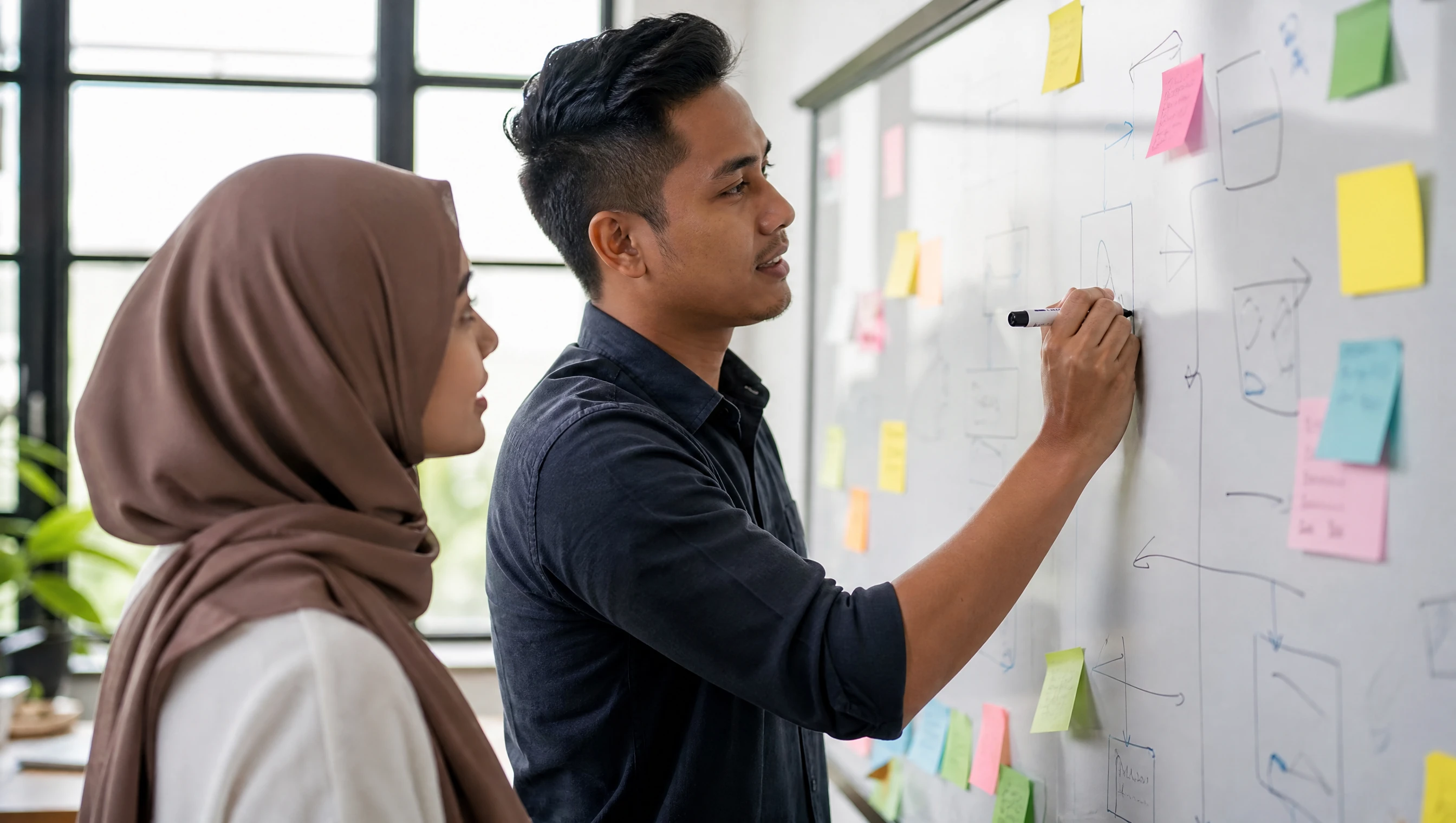 Two Malaysian marketers planning SEO strategy at a whiteboard