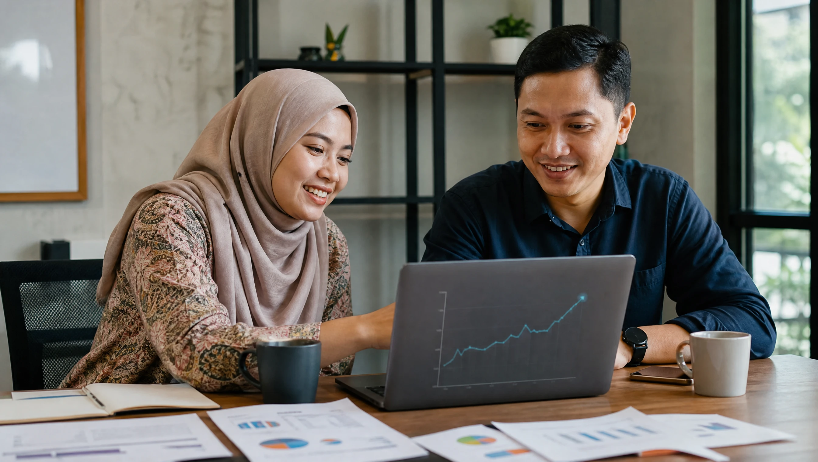 Malaysian marketer and client reviewing rising traffic charts together