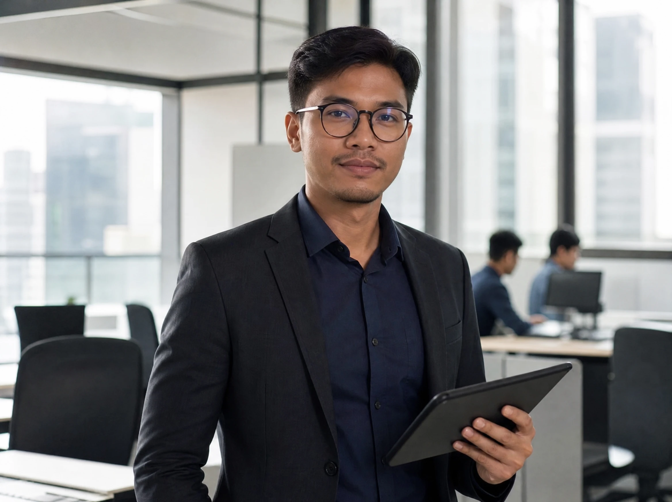 Confident Malaysian SEO specialist holding a tablet in a modern office