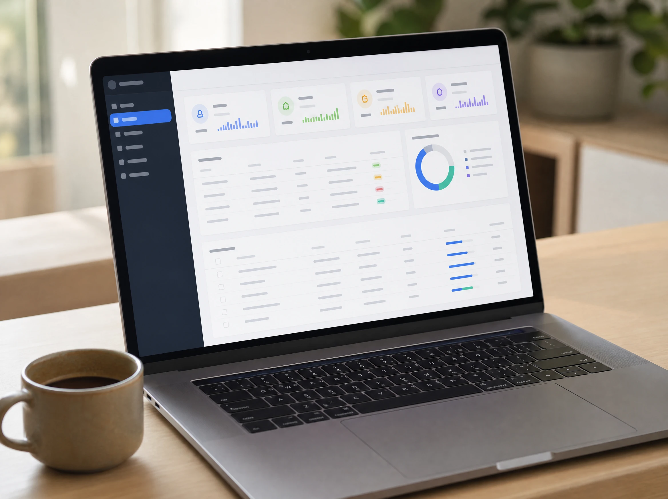 A clean web business management dashboard shown on a laptop on a desk