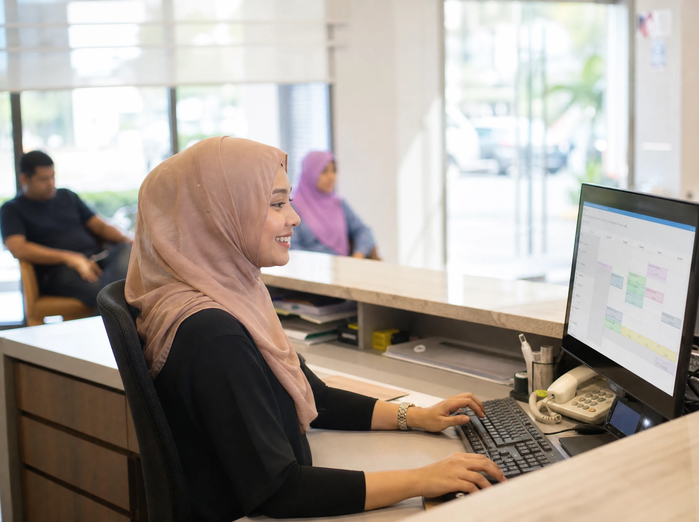 Malaysian clinic receptionist using an appointment booking system