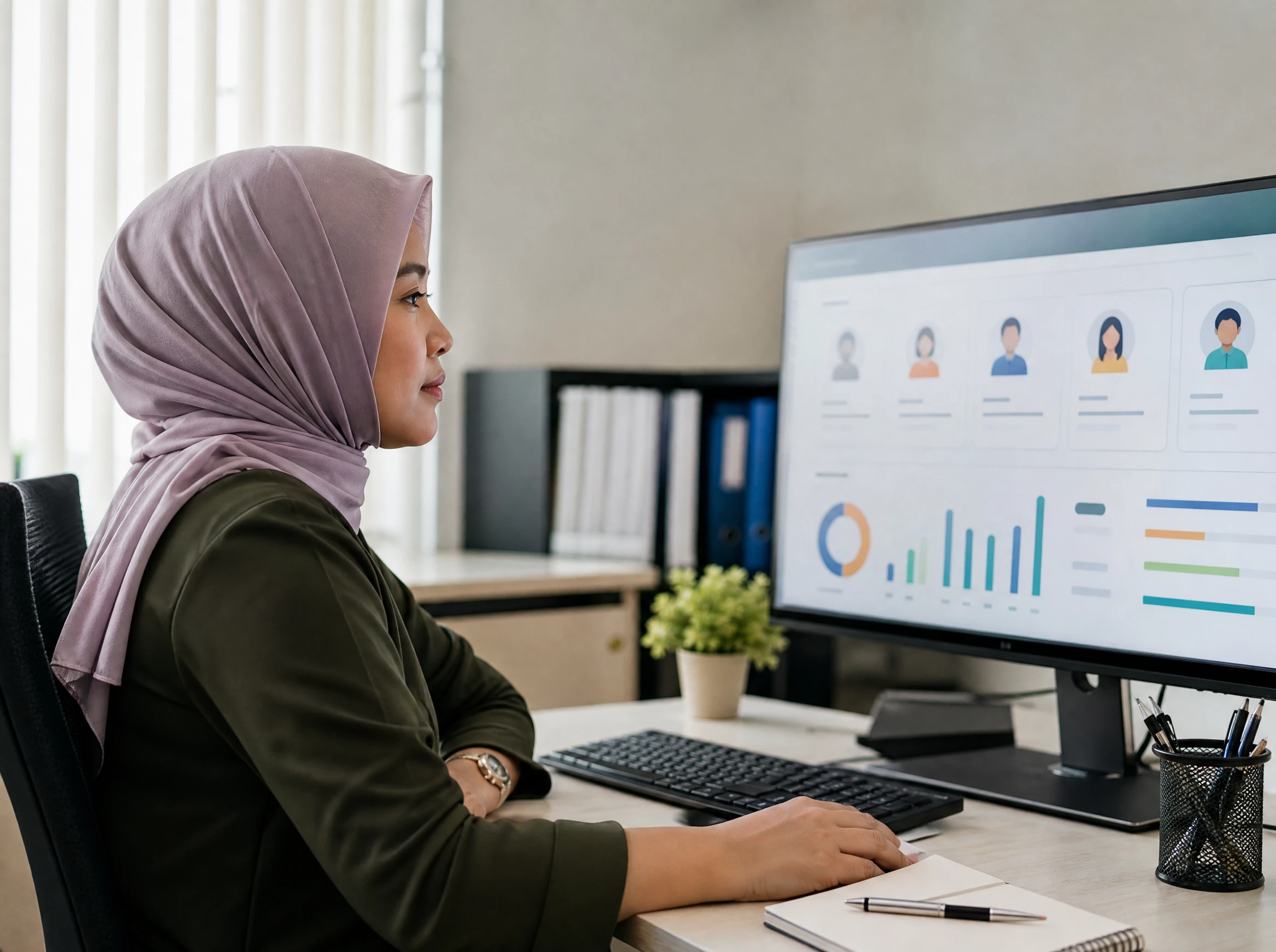 Malaysian HR officer reviewing a staff management dashboard
