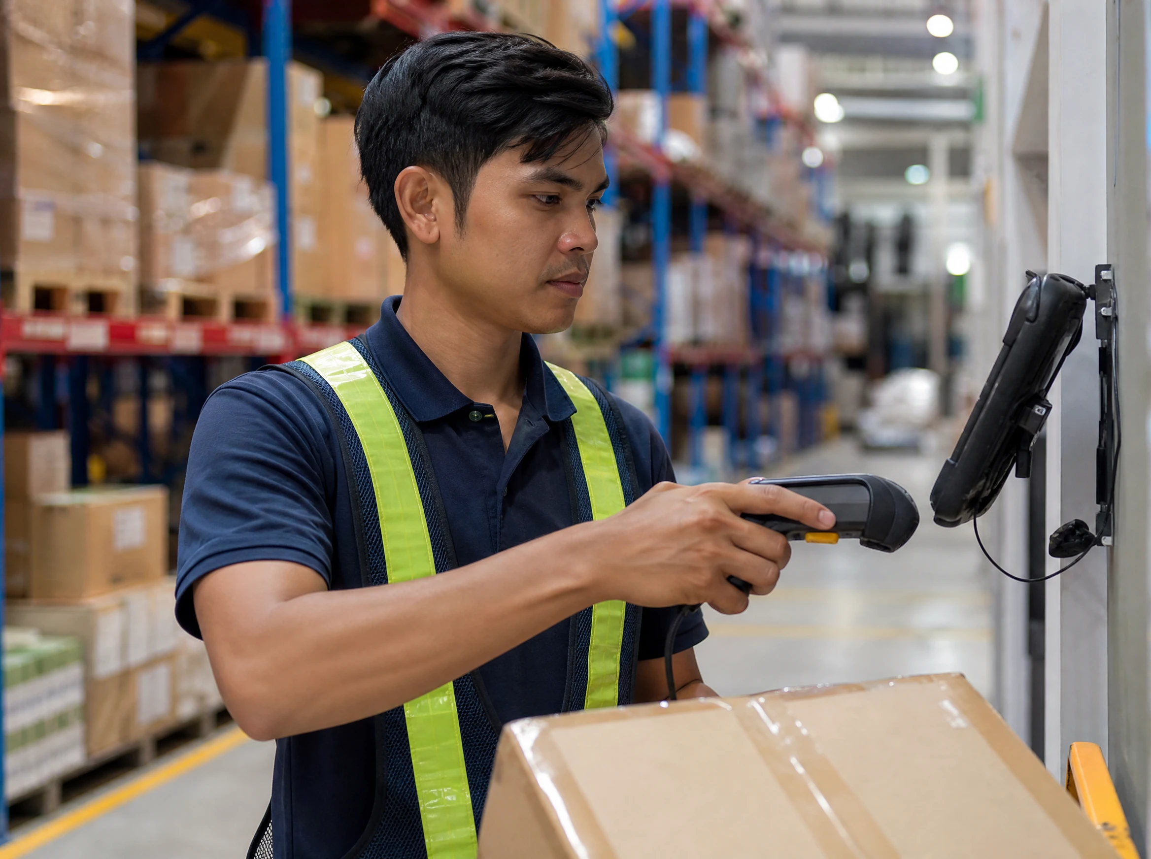 Malaysian warehouse worker scanning stock into an inventory system