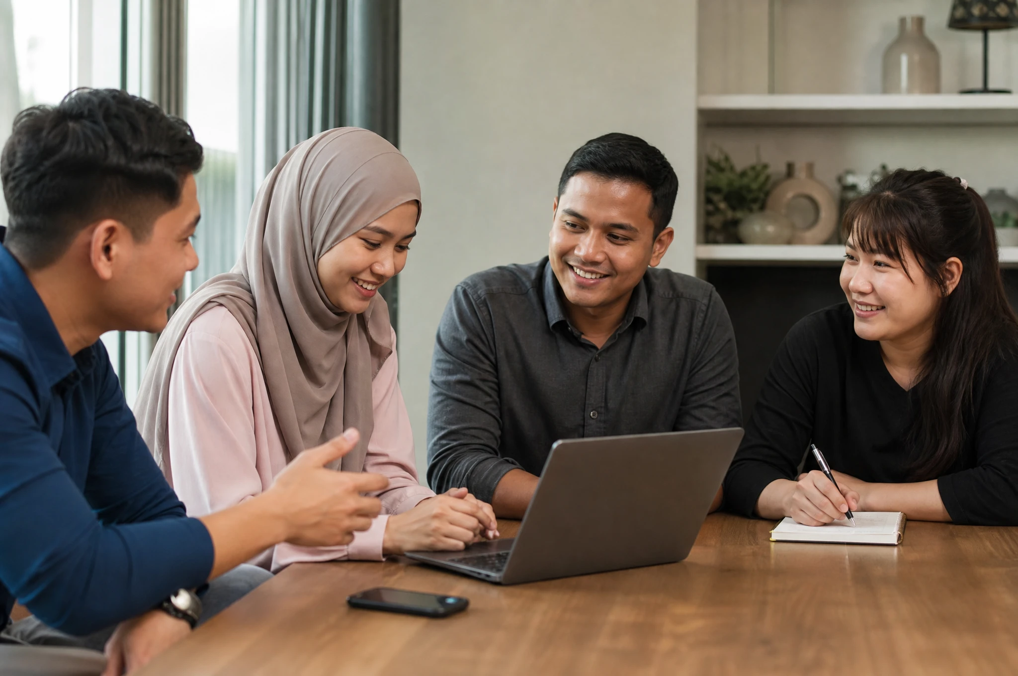 Friendly Malaysian software team consulting with a business owner over a laptop