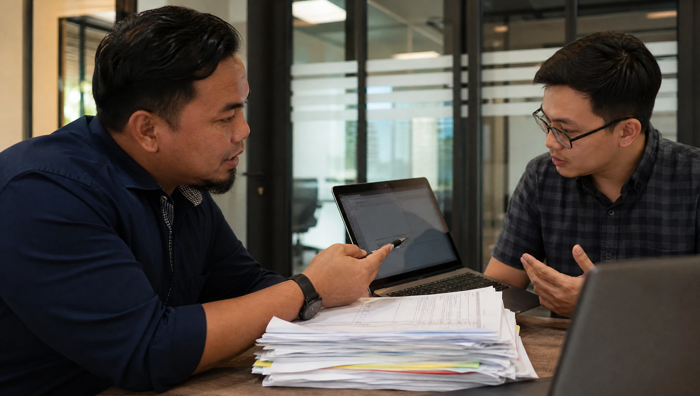 Malaysian client showing paperwork to a developer to replace with a system