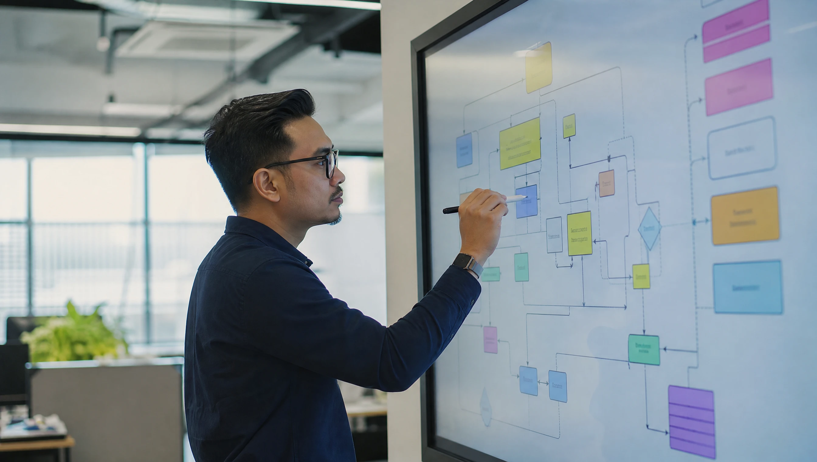 Malaysian designer mapping a system workflow on a large touchscreen