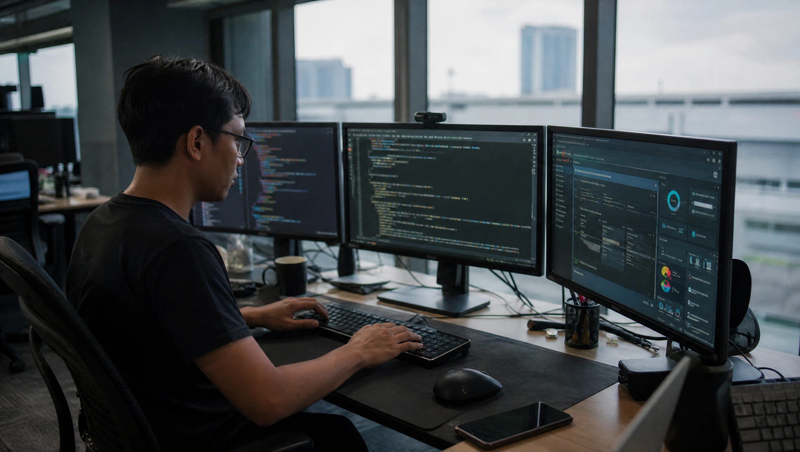 Malaysian developer building a web system across multiple monitors