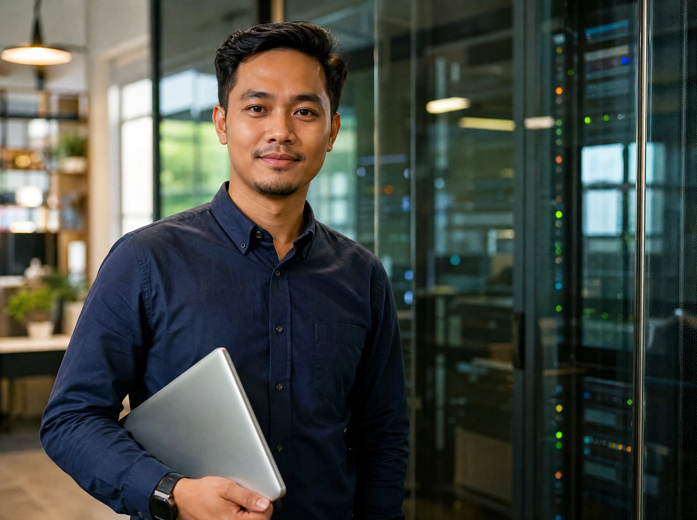 Confident Malaysian systems engineer holding a laptop in a modern office